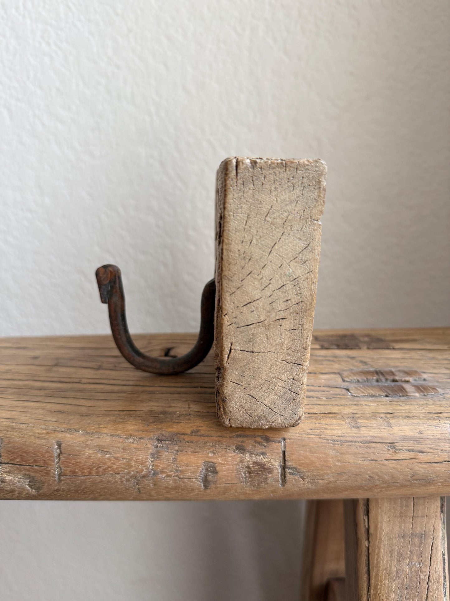 Vintage Wooden Carved Panel and Iron Wall Hook
