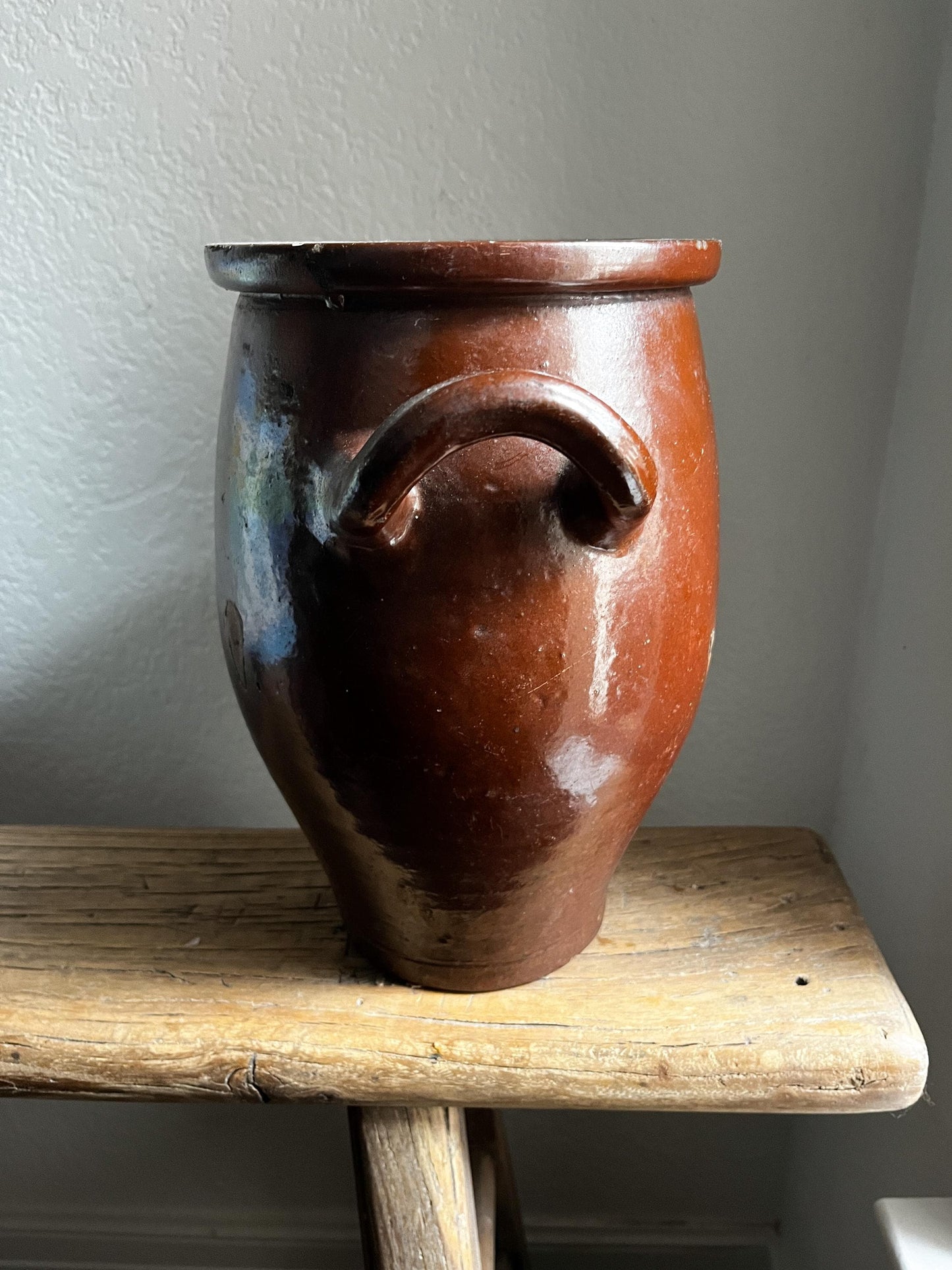 Antique European Glazed Brown Handled Vessel Belgium 1800s
