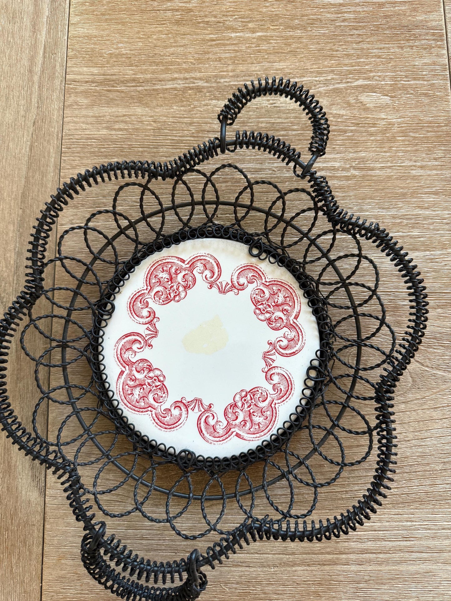 Vintage French Red Transferware Plate In Wire Basket