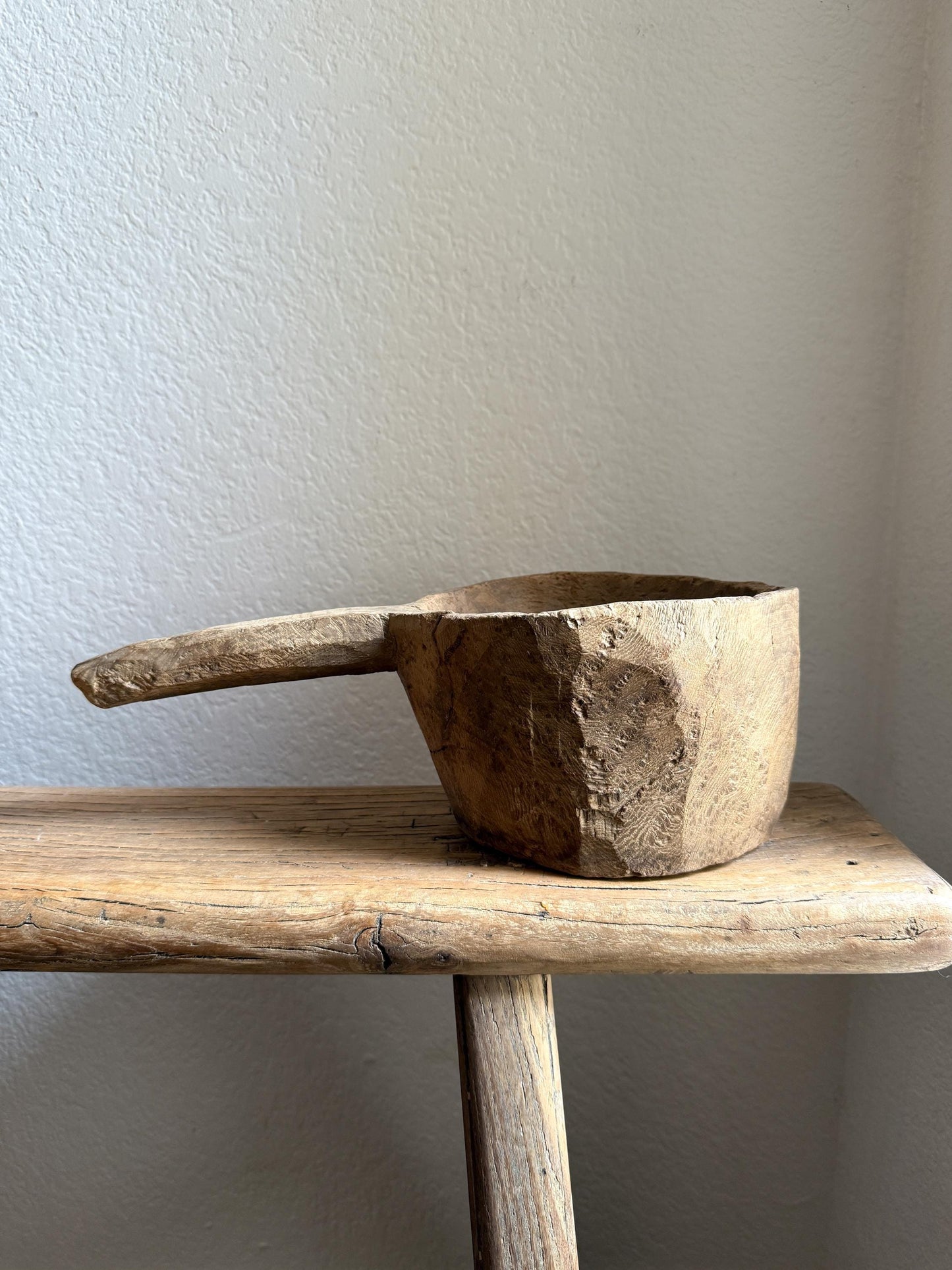 Antique Wood Mortar Bowl With Handle