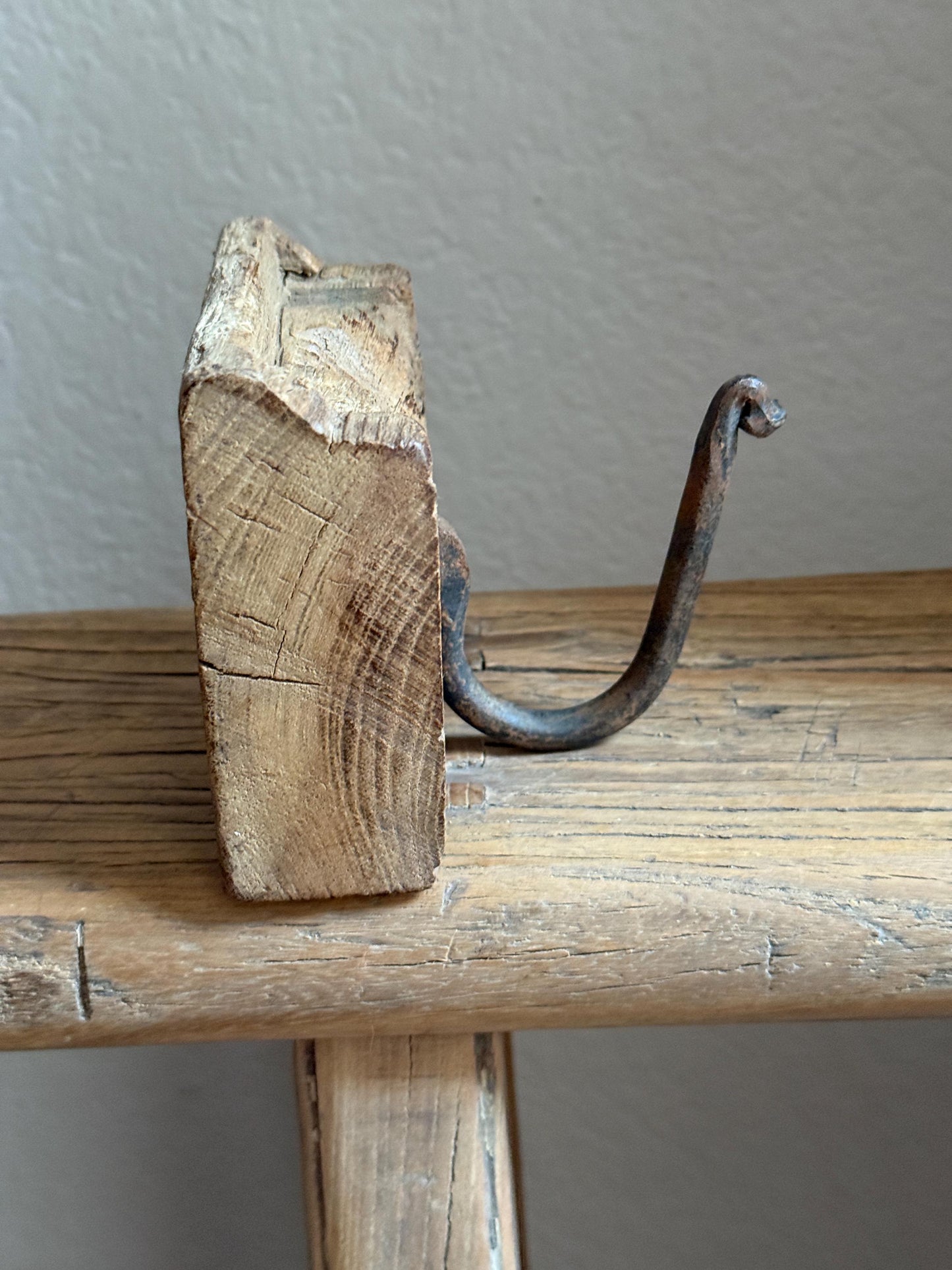 Vintage Wooden Carved Panel and Iron Wall Hook