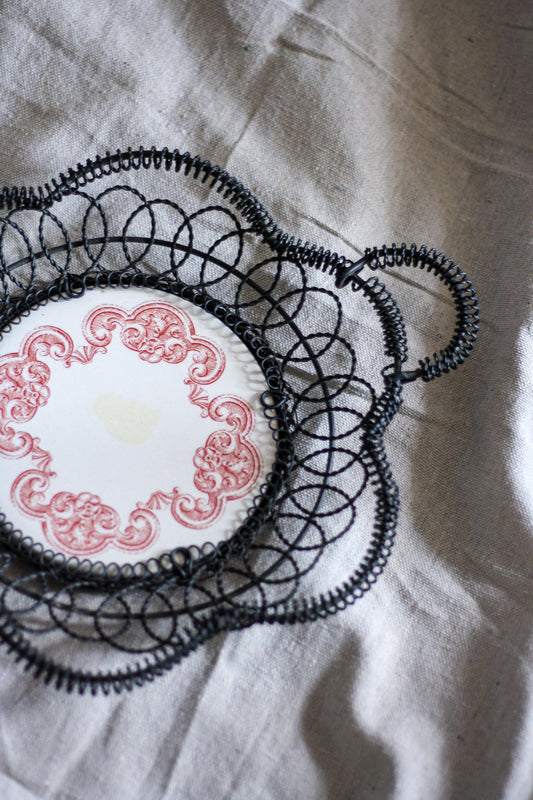 Vintage French Red Transferware Plate In Wire Basket