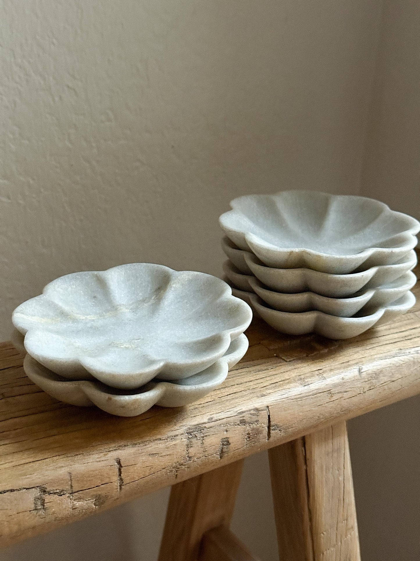 Vintage White Marble Flower Bowl Scalloped