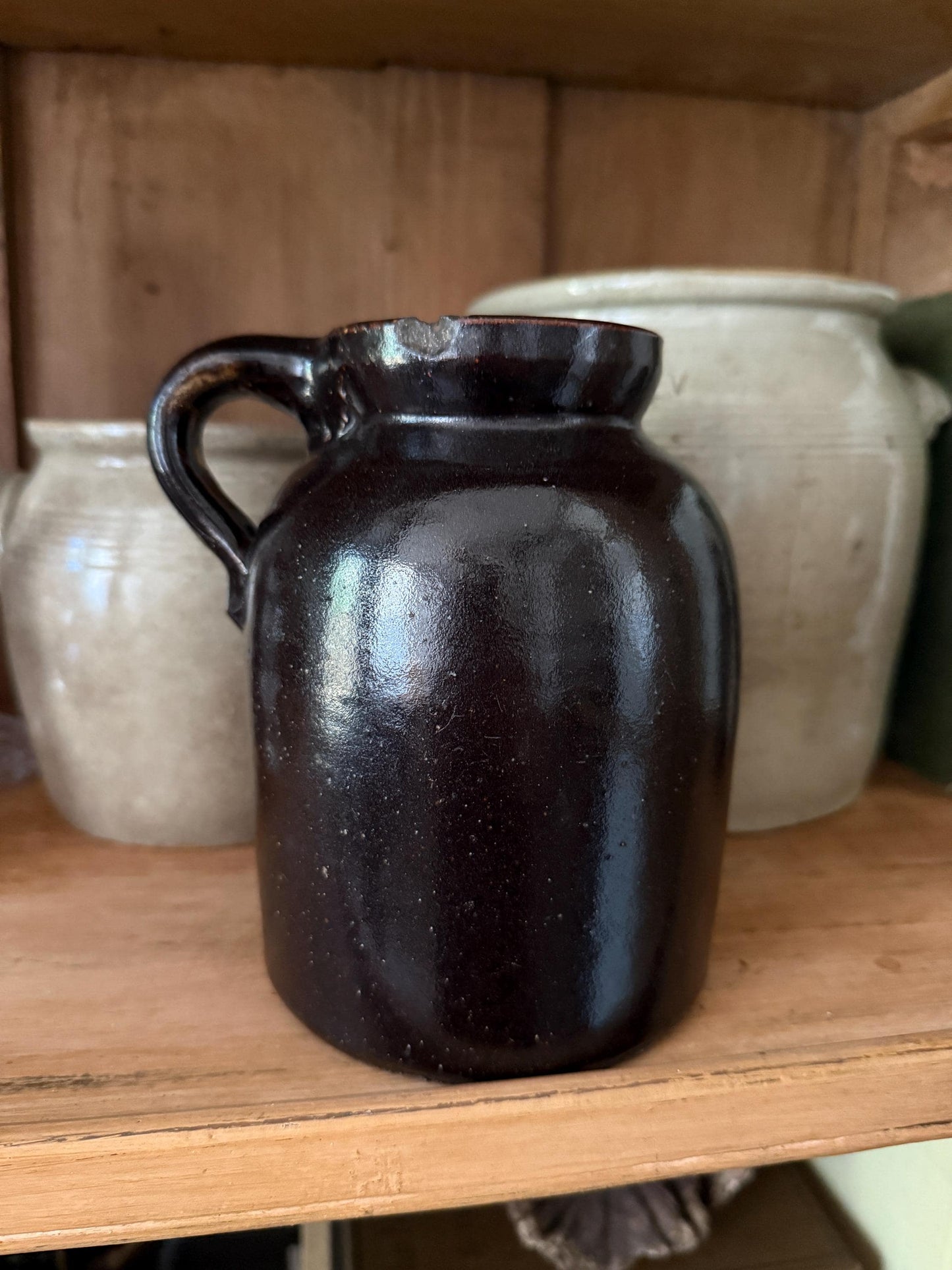 Antique Brown Glazed Handled Pottery Jar Primitive Vessel