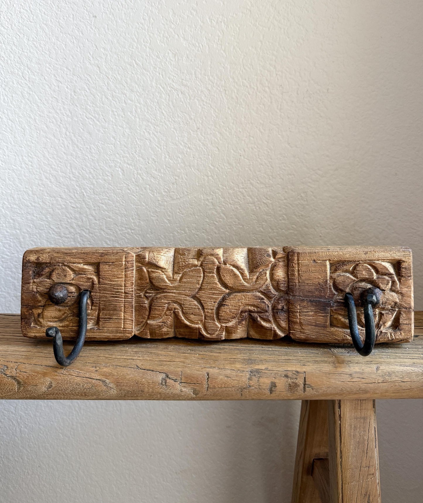 Vintage Carved Wood Wall Rack with 2 Iron Hooks