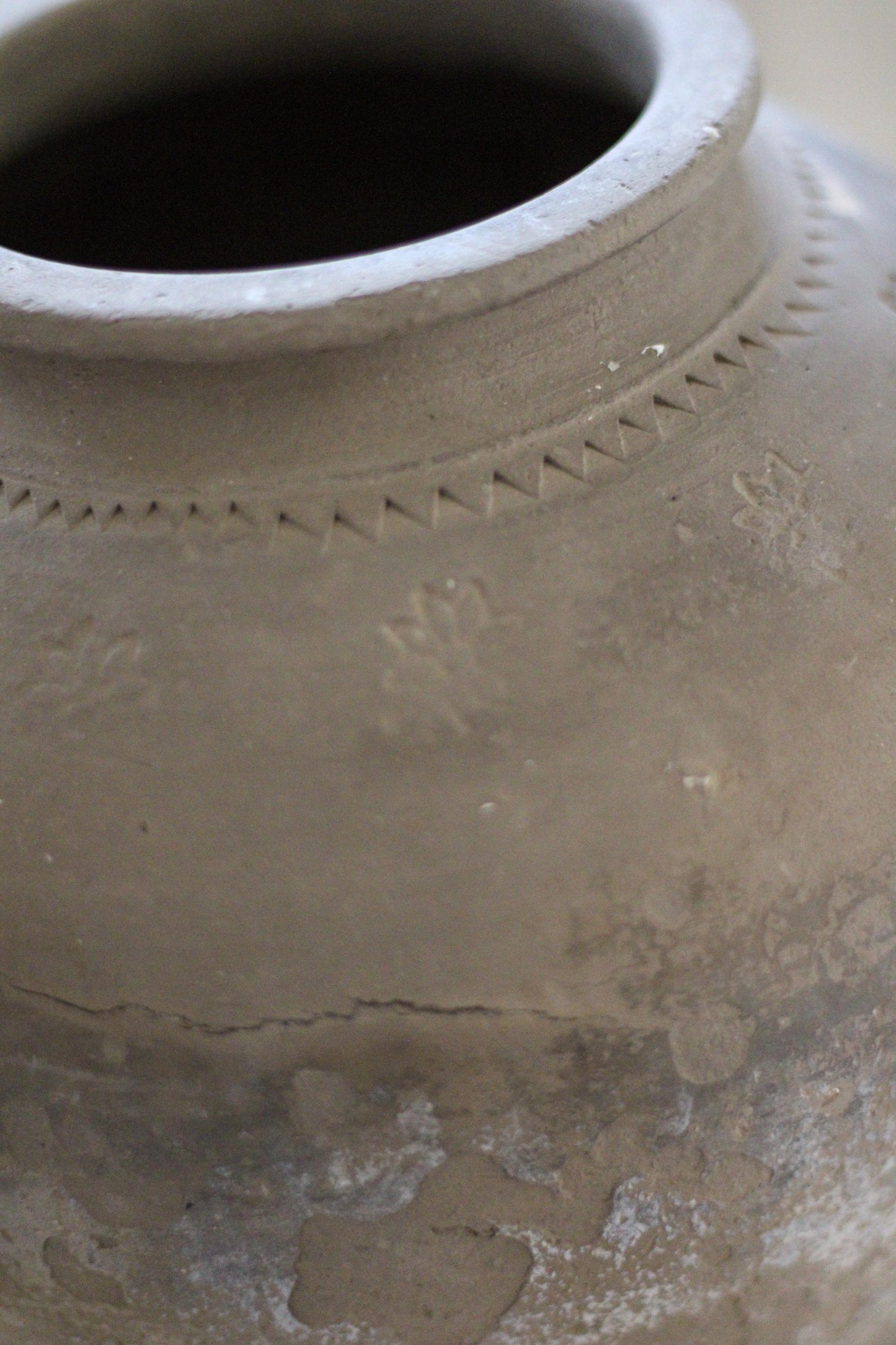 Vintage Clay Pot with Hand Carved Detail
