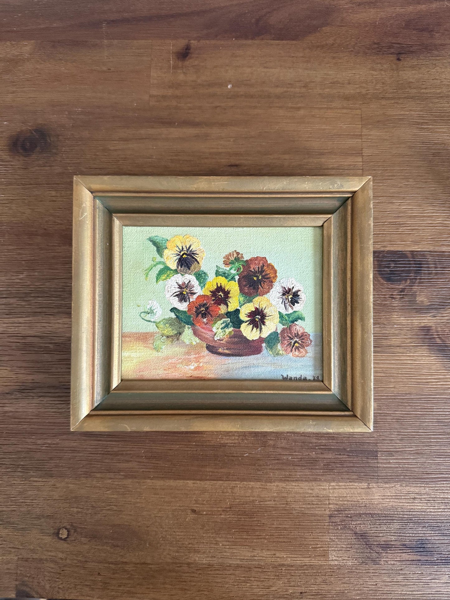 Vintage Original Painting Signed Floral Pansy Painting