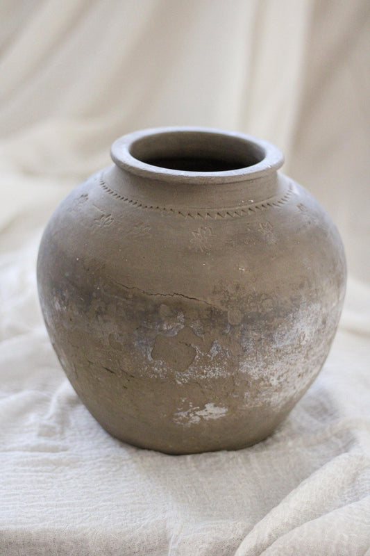 Vintage Clay Pot with Hand Carved Detail