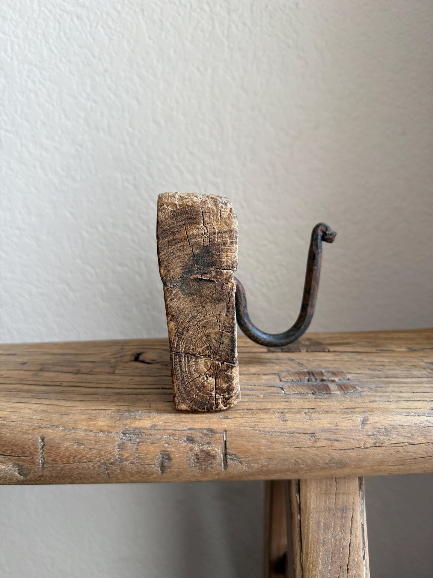 Vintage Wooden Carved Panel and Iron Wall Hook