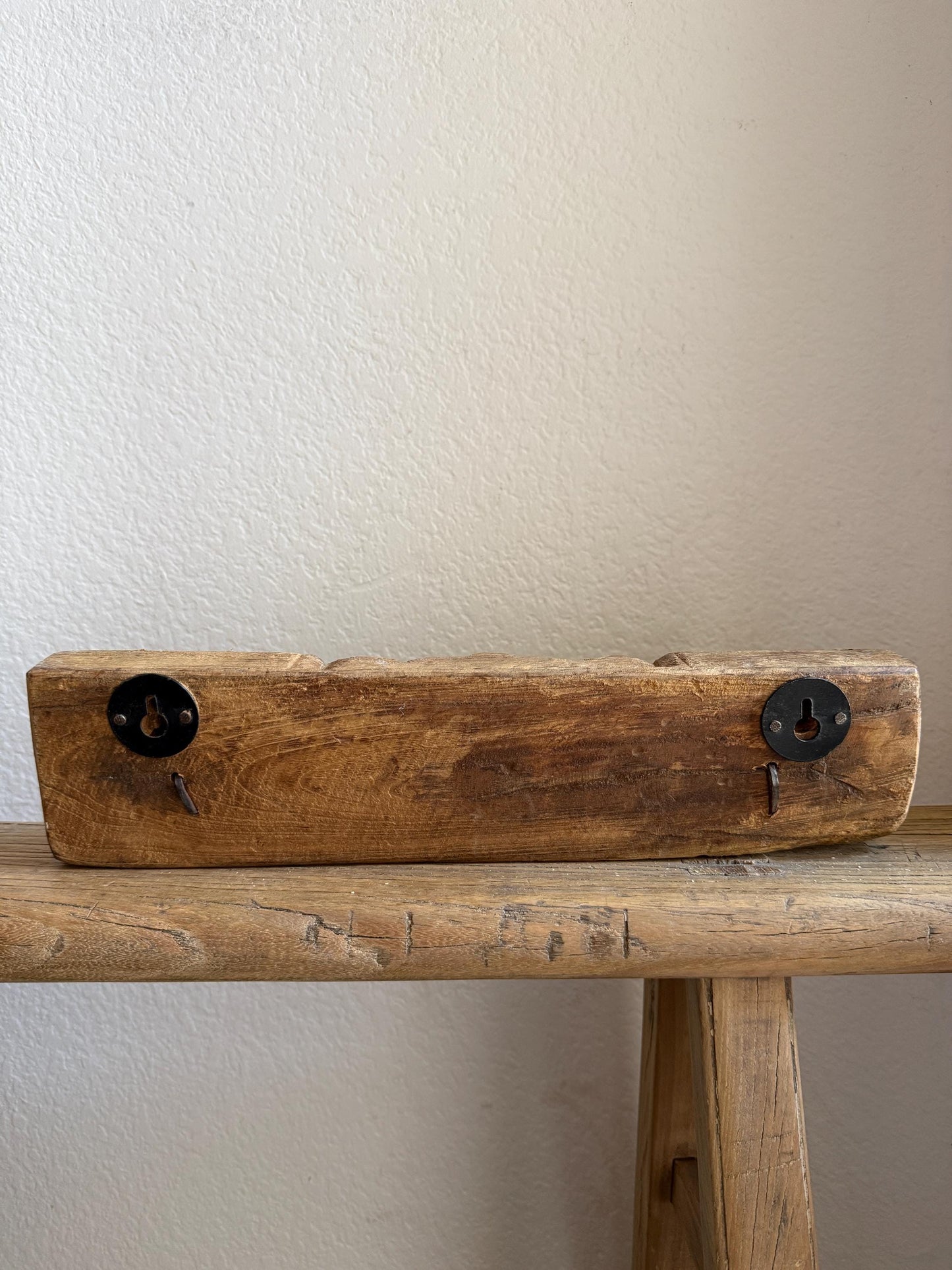 Vintage Carved Wood Wall Rack with 2 Iron Hooks
