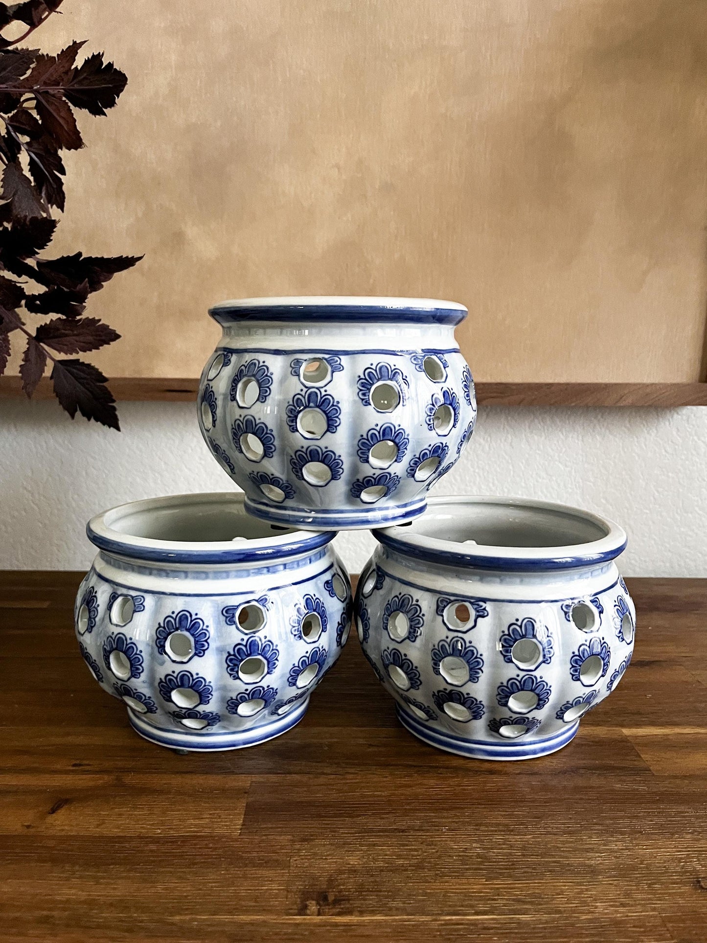 Vintage Blue and White Reticulated Porcelain Vessel