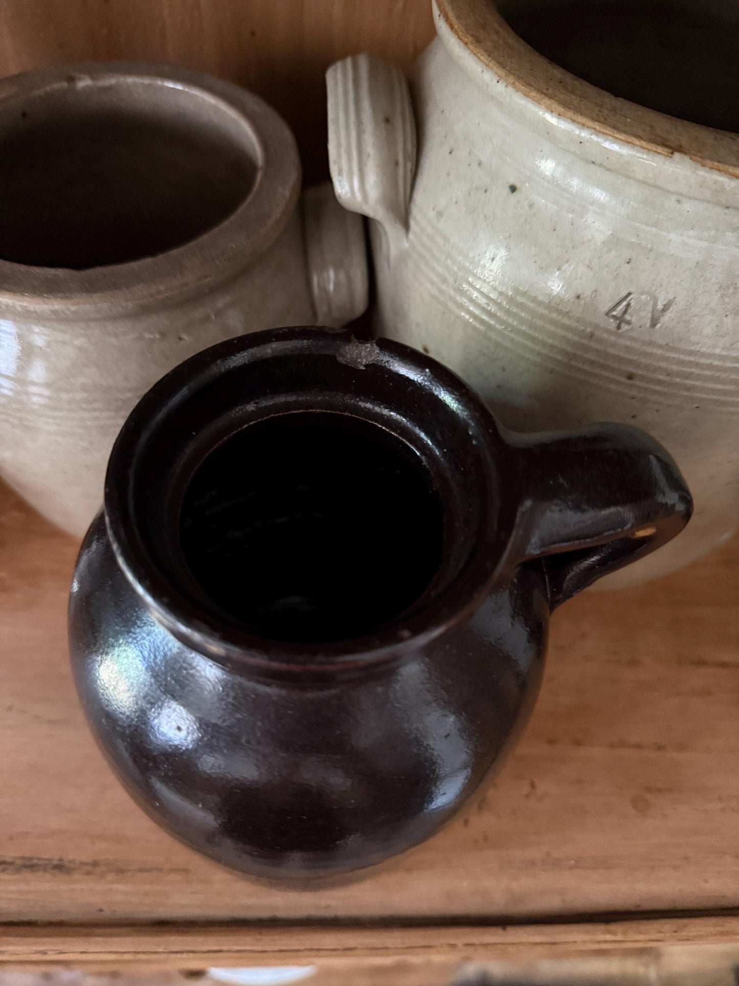 Antique Brown Glazed Handled Pottery Jar Primitive Vessel