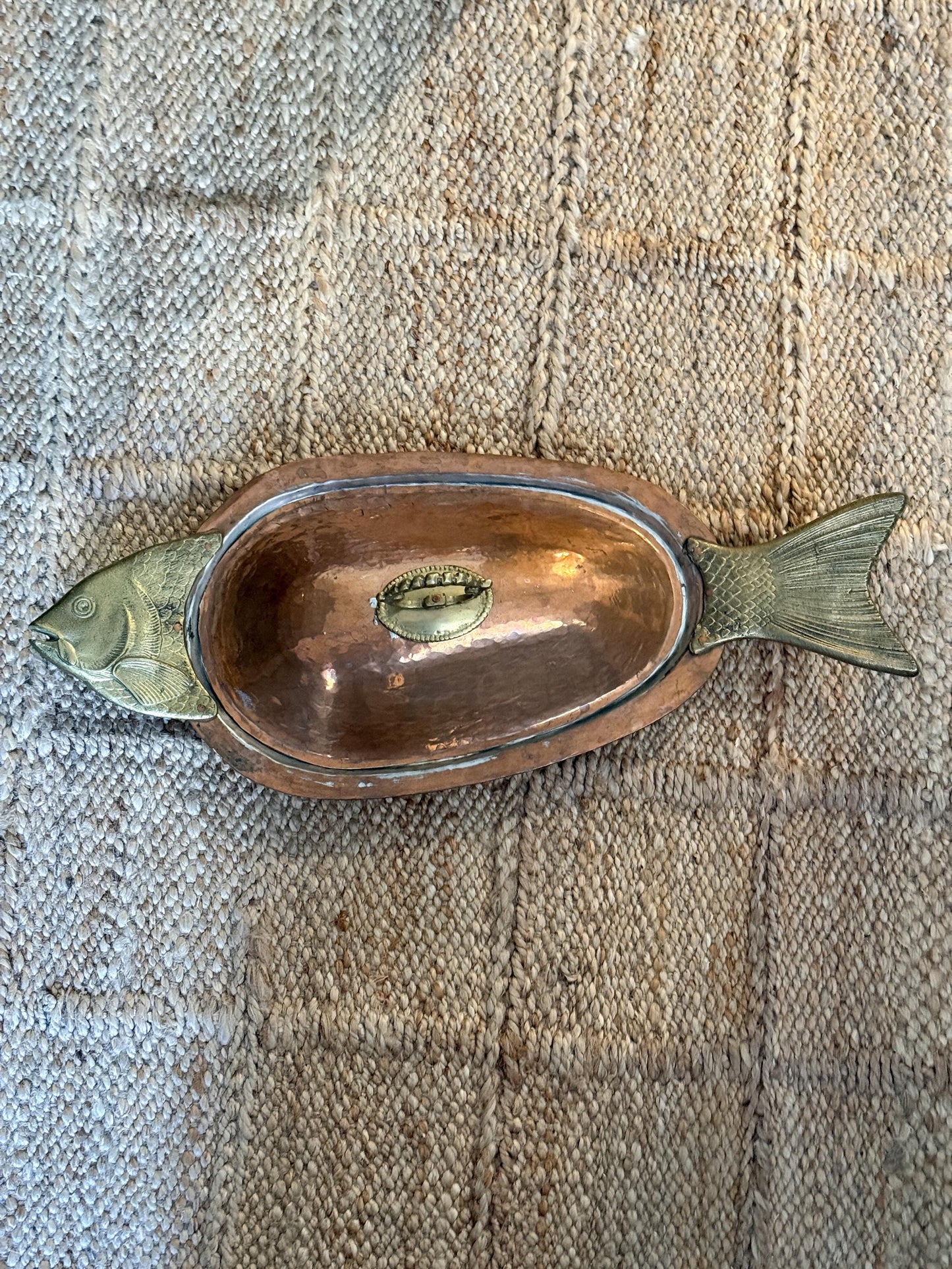 Extra Large Vintage Hammered Copper and Bras Fish Serving Platter