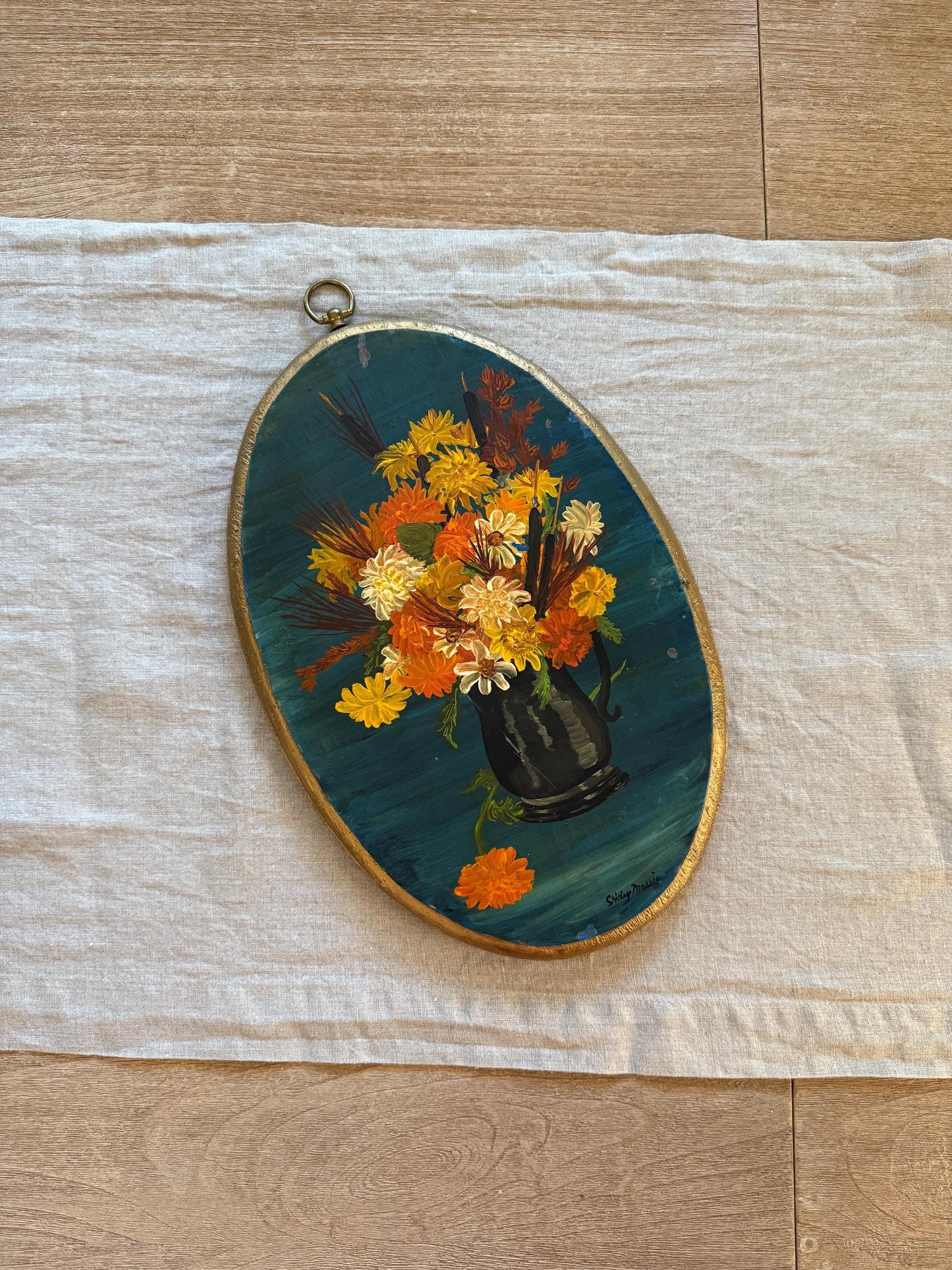 Vintage Original Oil Painting on Oval Board Fall Florals