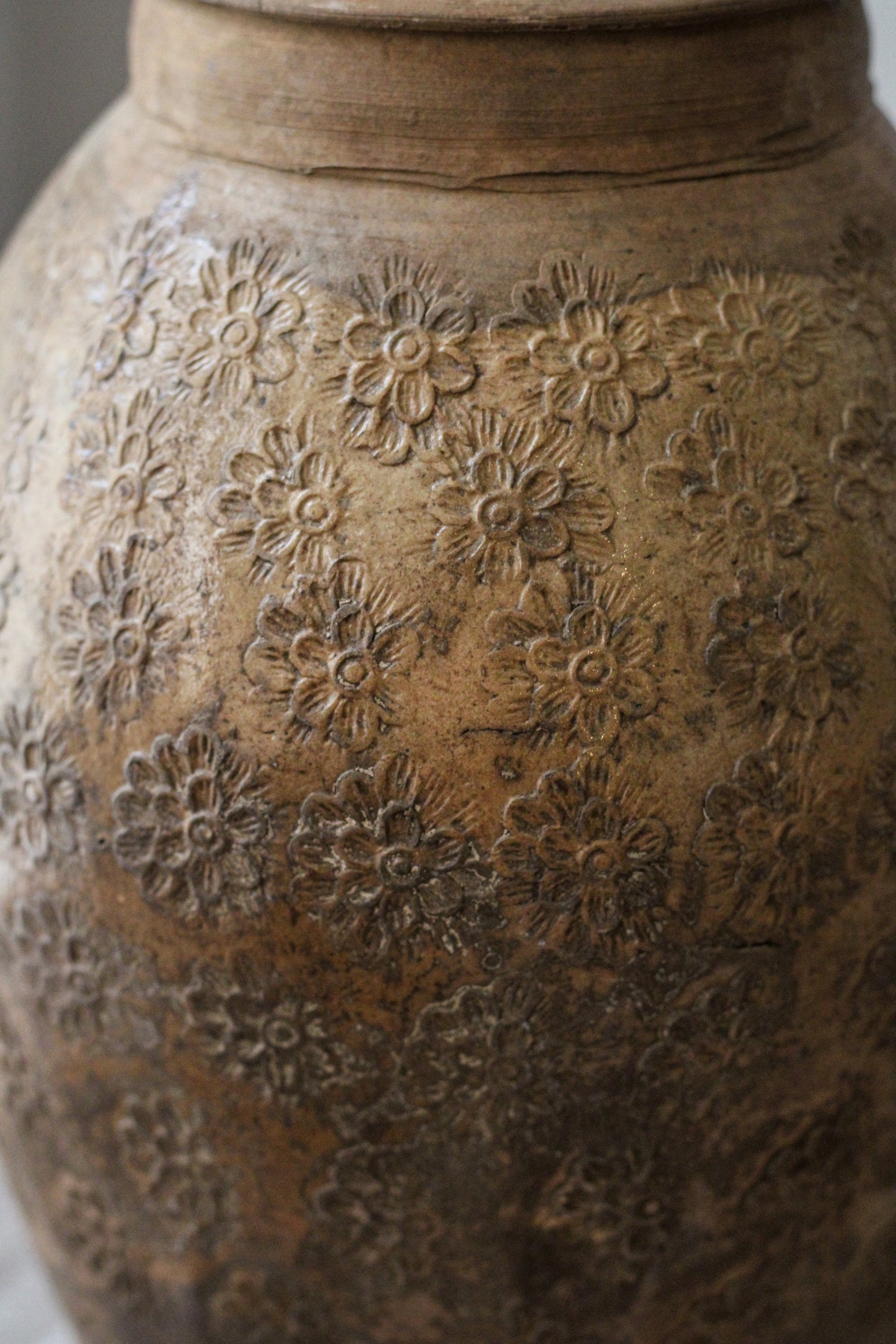Large Vintage Glazed Vessel Stamped Floral Design