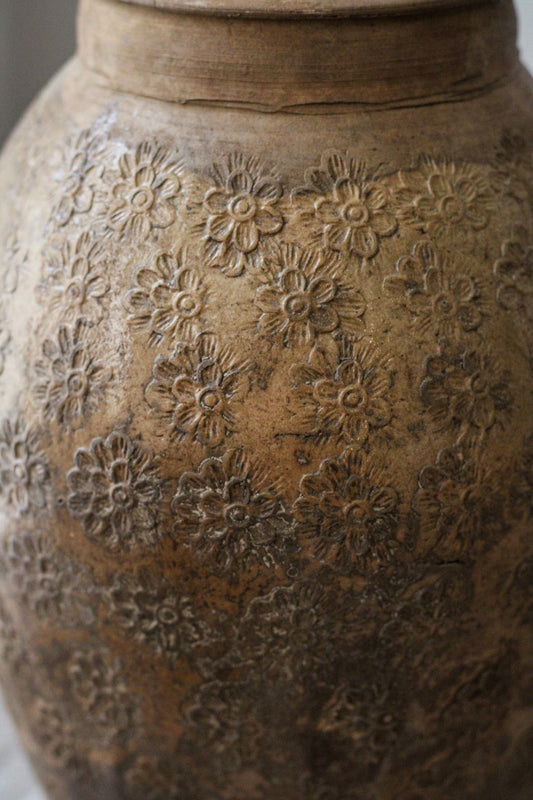 Large Vintage Glazed Vessel Stamped Floral Design