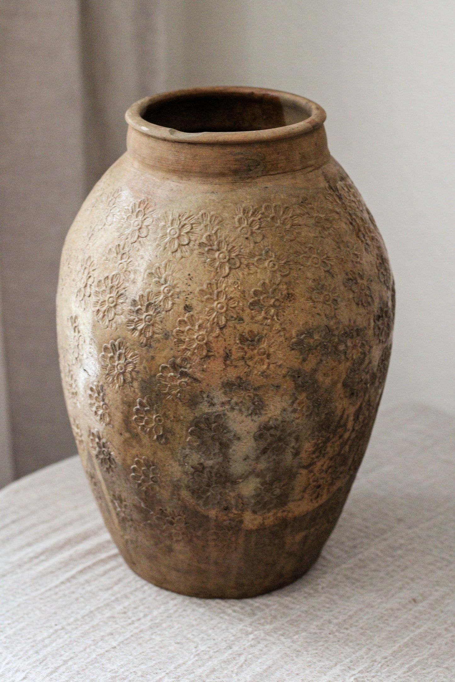 Large Vintage Glazed Vessel Stamped Floral Design