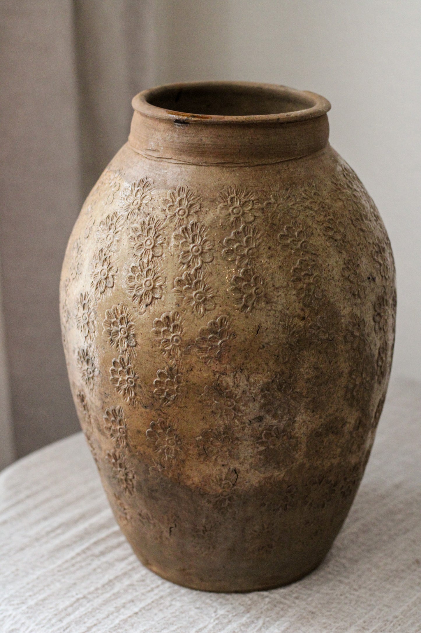 Large Vintage Glazed Vessel Stamped Floral Design