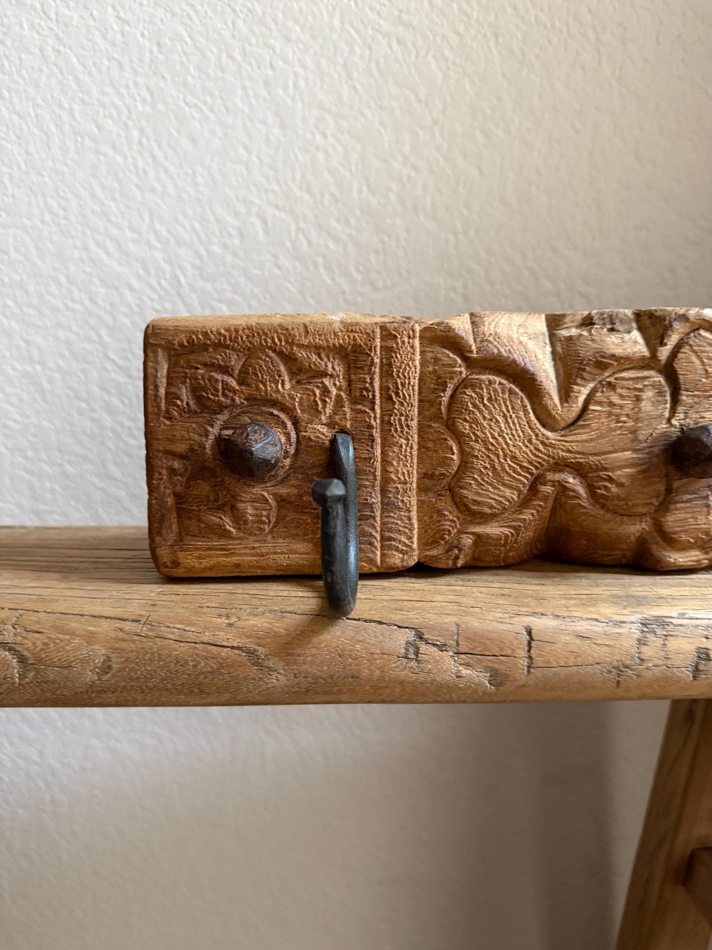 Vintage Carved Wood Wall Rack with 2 Iron Hooks