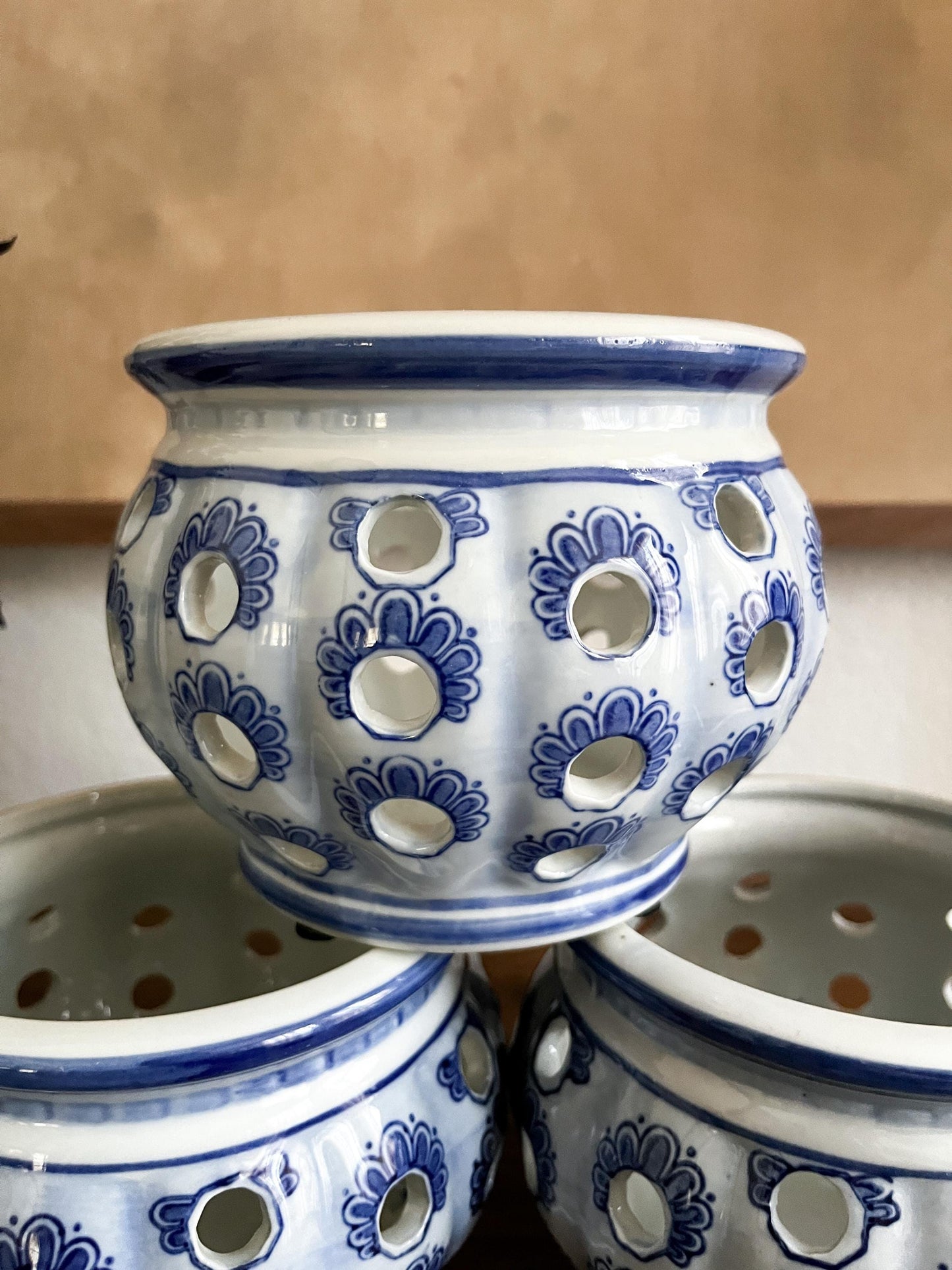 Vintage Blue and White Reticulated Porcelain Vessel
