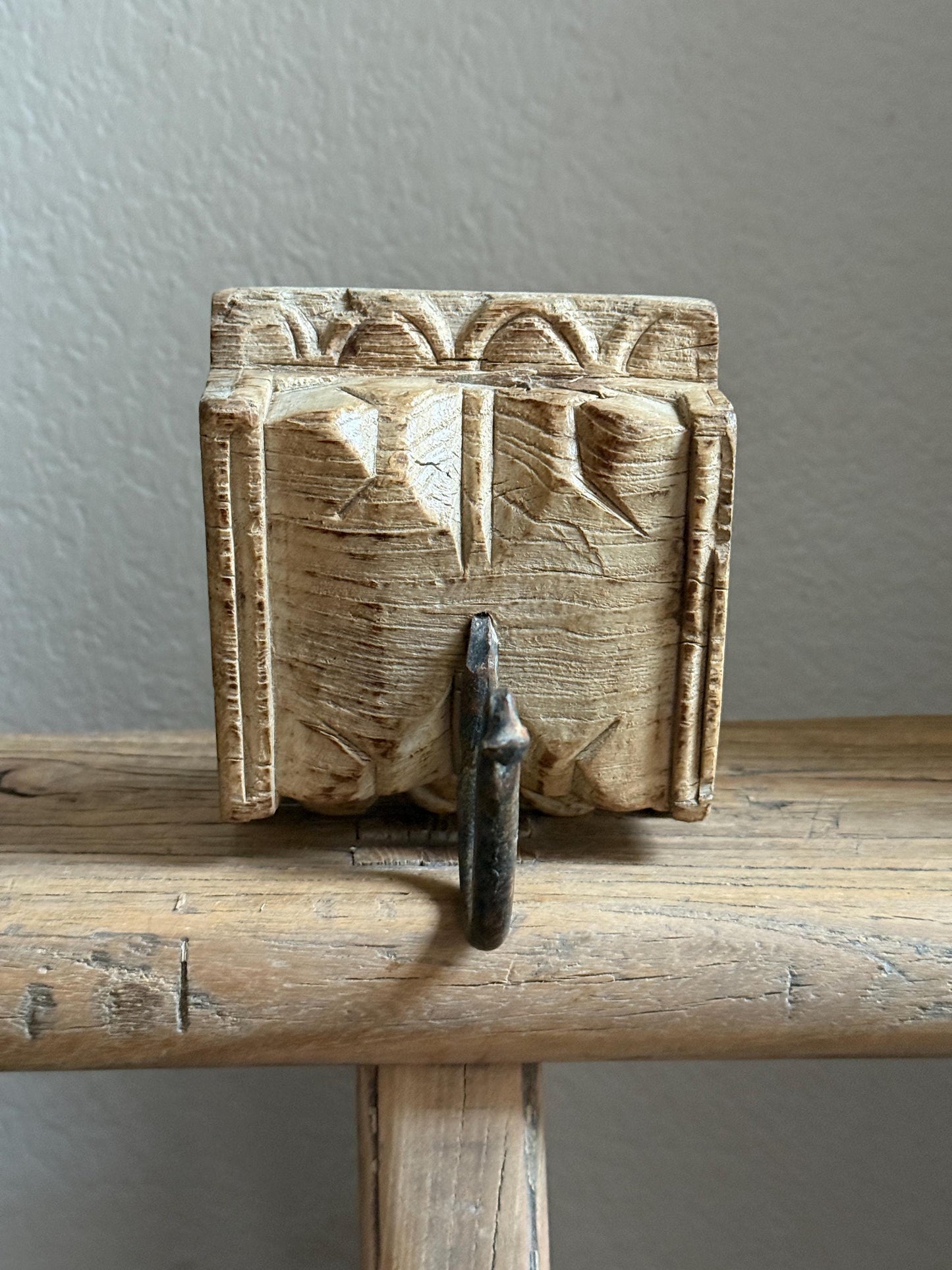 Vintage Wooden Carved Panel and Iron Wall Hook