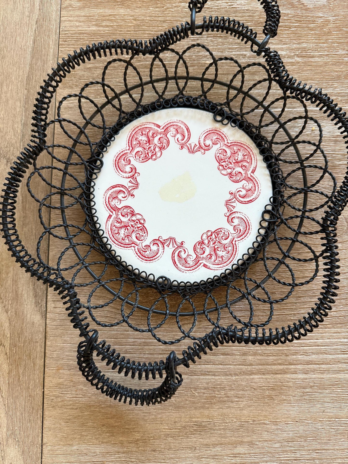 Vintage French Red Transferware Plate In Wire Basket