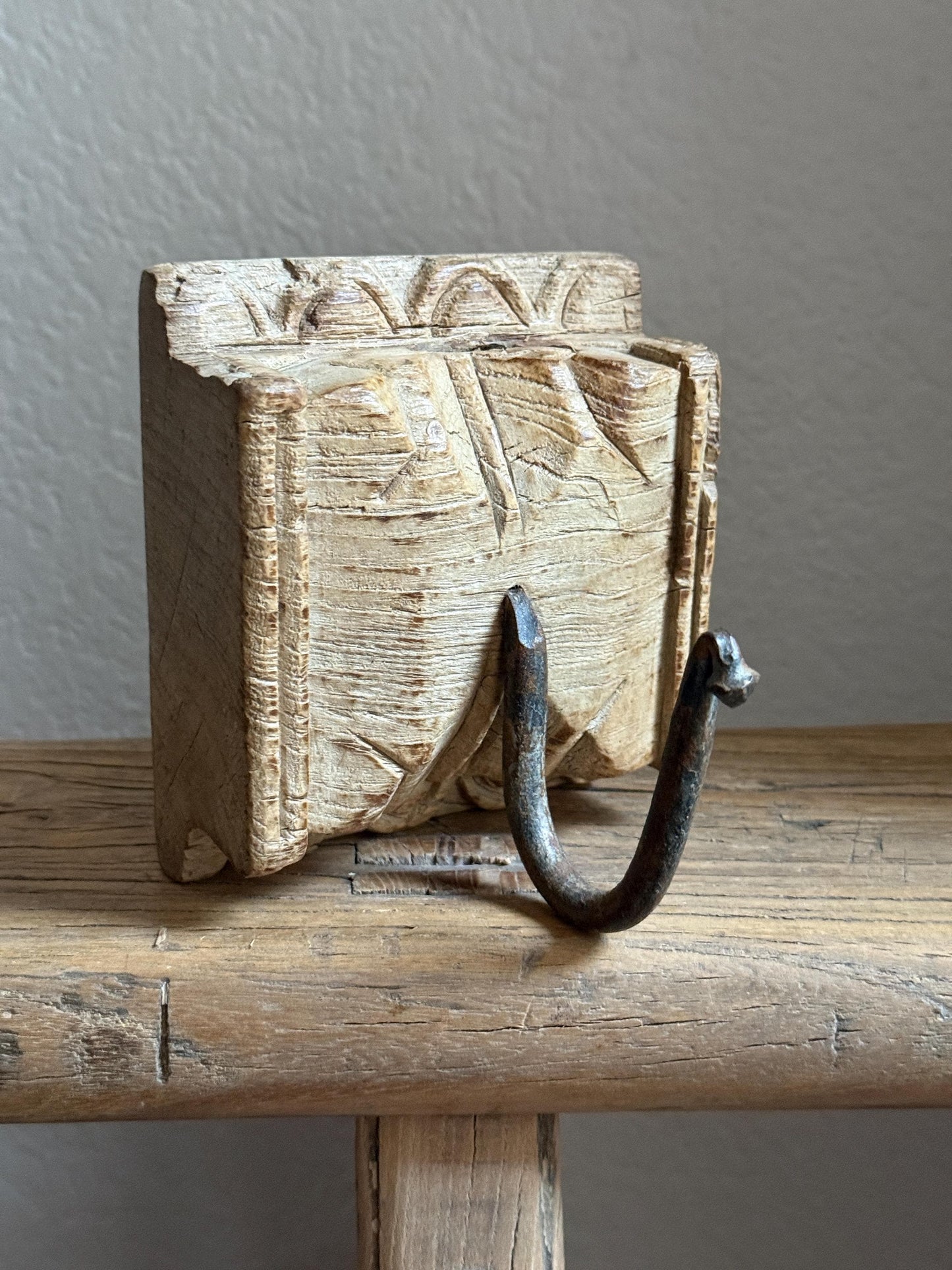 Vintage Wooden Carved Panel and Iron Wall Hook