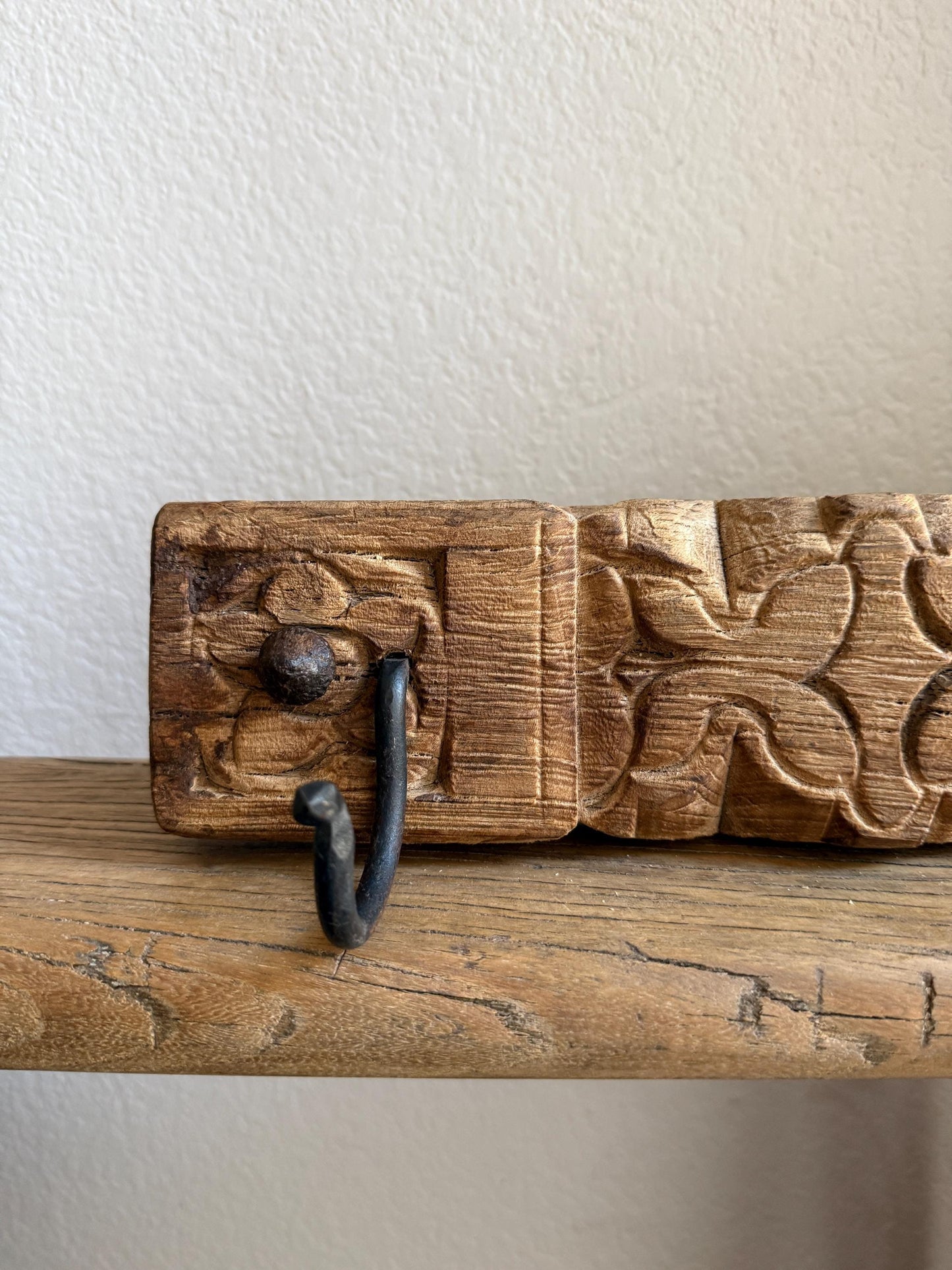 Vintage Carved Wood Wall Rack with 2 Iron Hooks