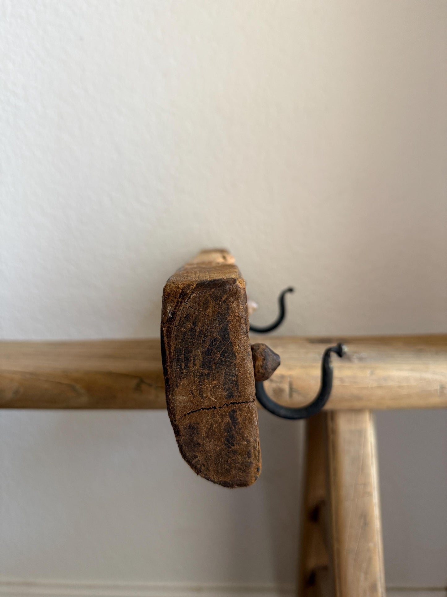 Vintage Carved Wood Wall Rack with 2 Iron Hooks