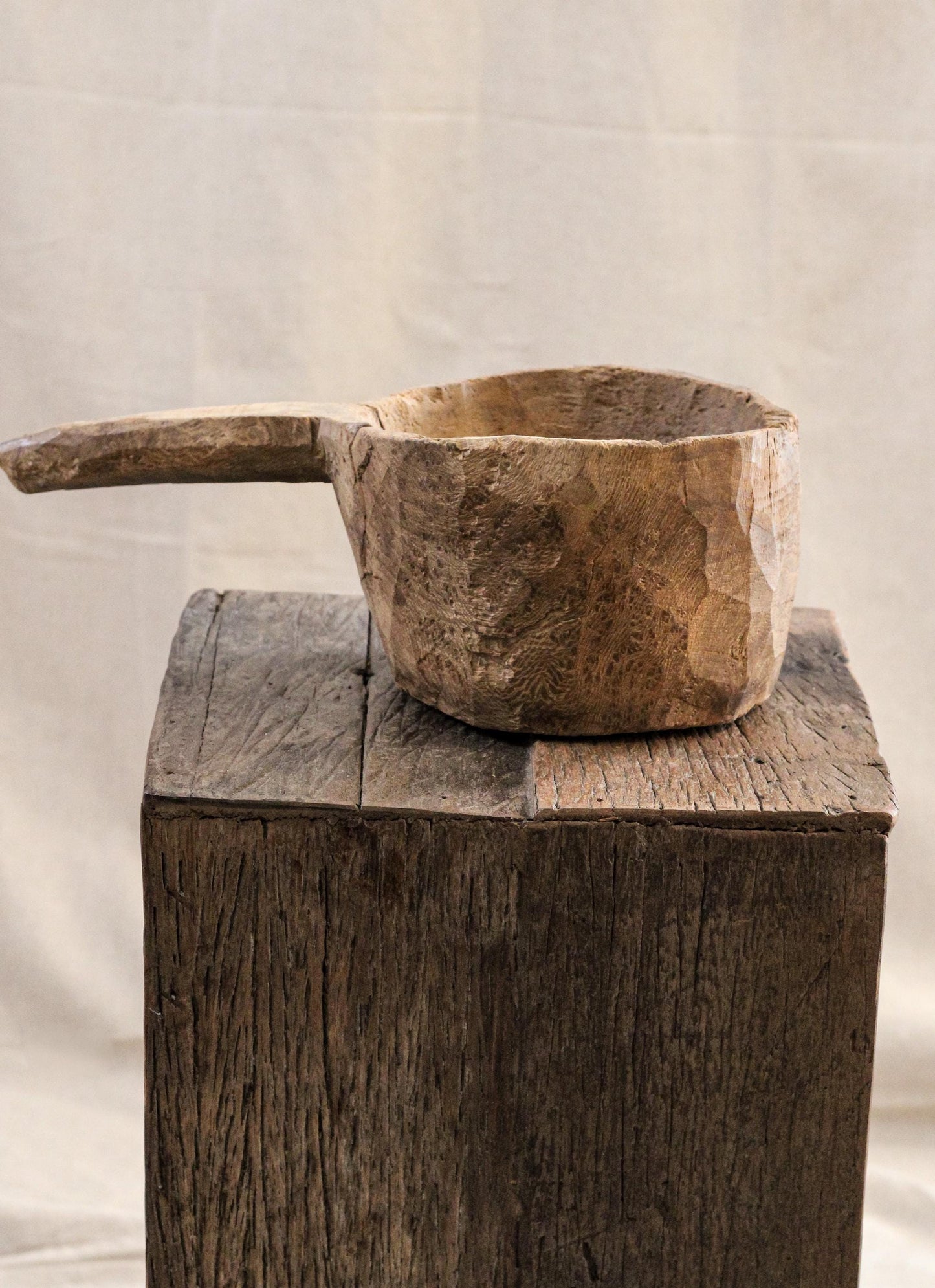 Antique Wood Mortar Bowl With Handle