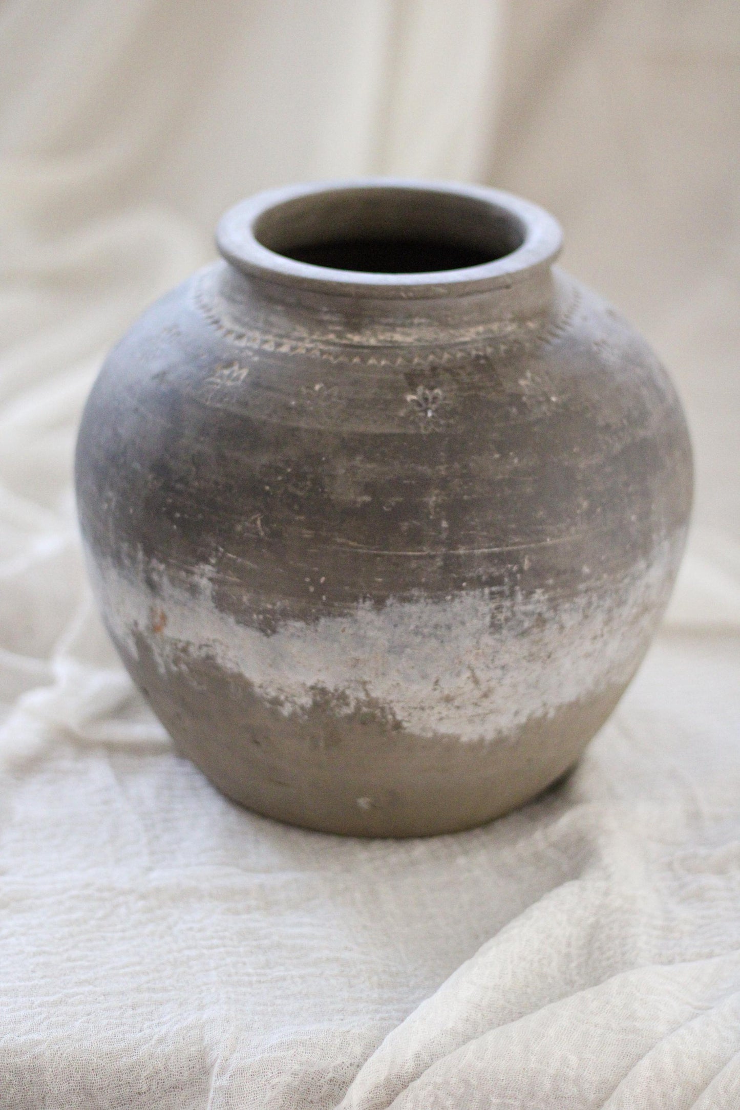 Vintage Clay Pot with Hand Carved Detail