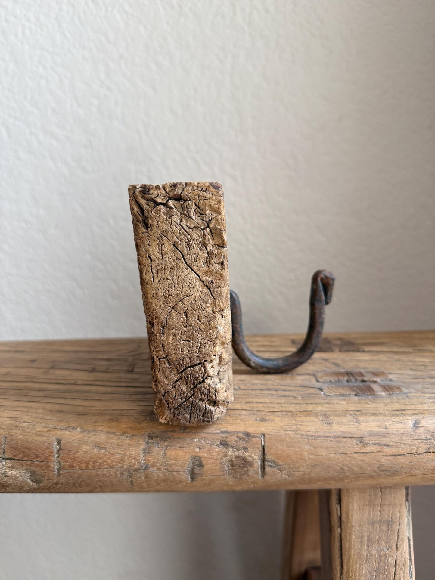 Vintage Wooden Carved Panel and Iron Wall Hook