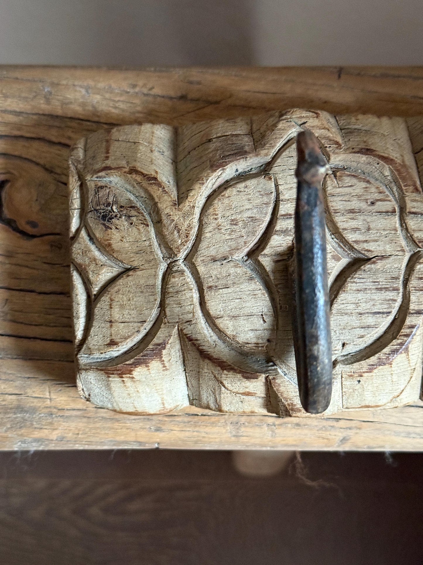 Vintage Wooden Carved Panel and Iron Wall Hook
