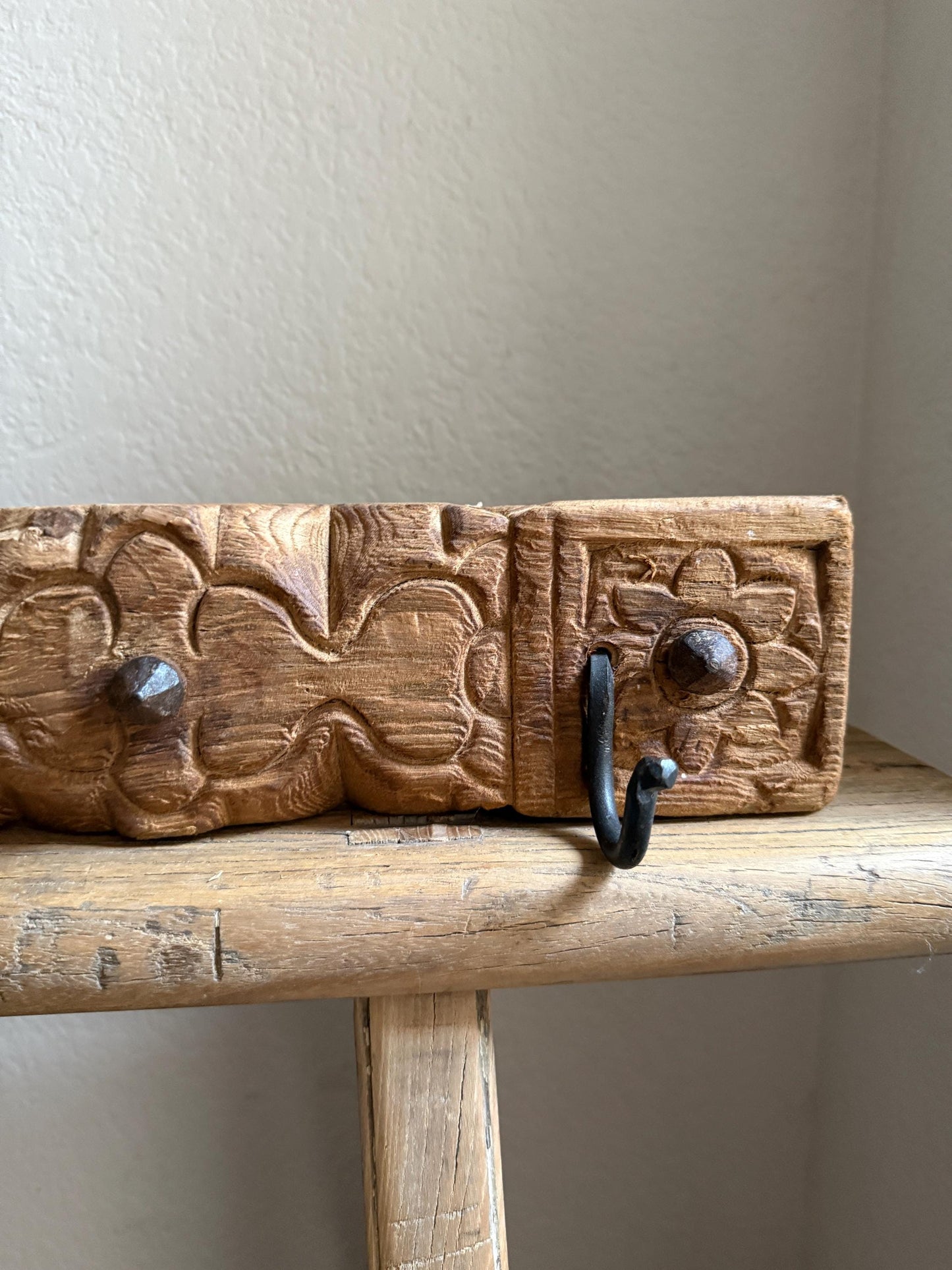 Vintage Carved Wood Wall Rack with 2 Iron Hooks