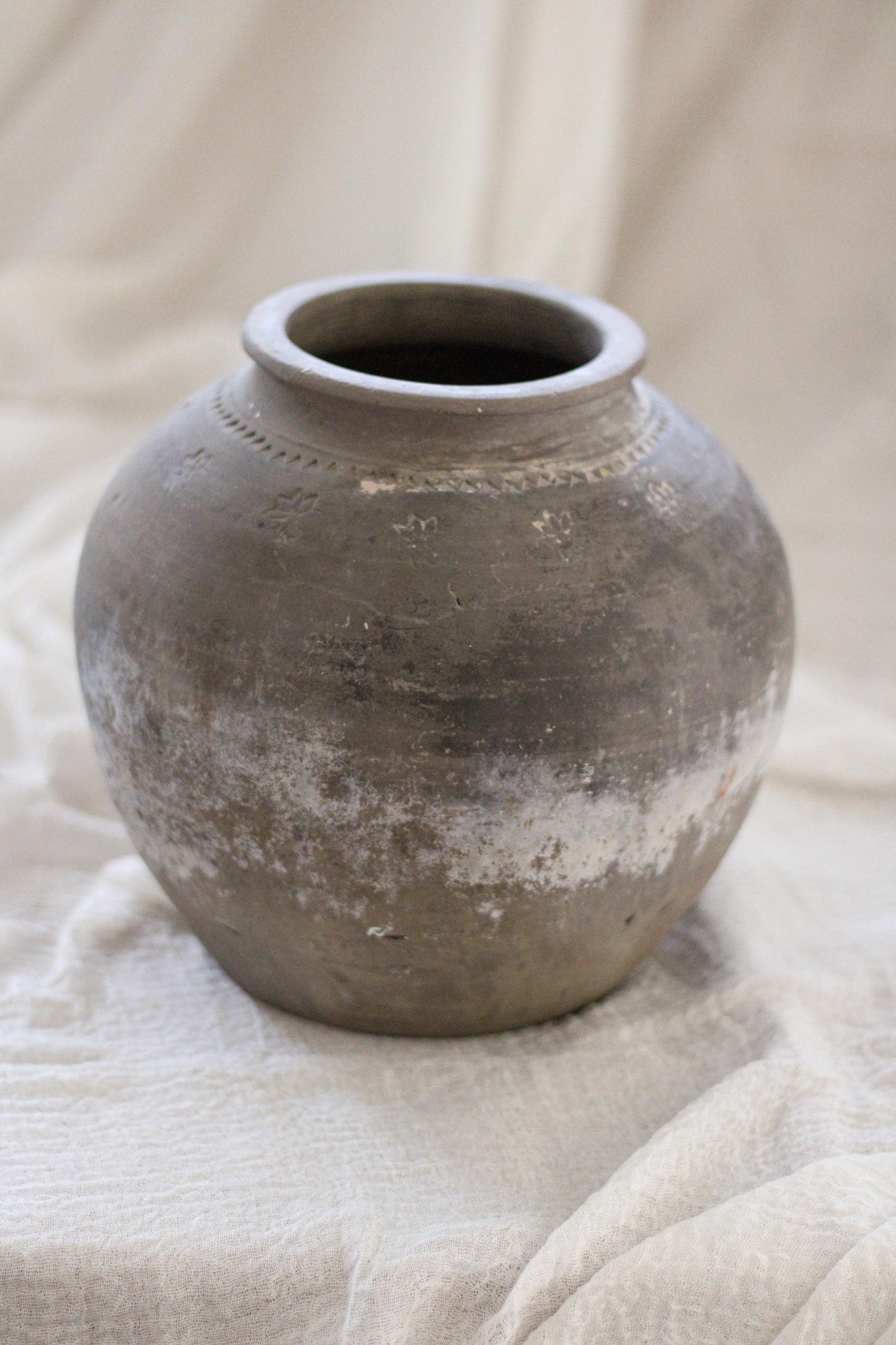 Vintage Clay Pot with Hand Carved Detail