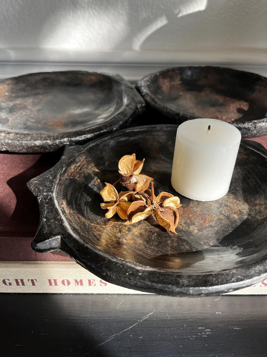 Vintage Stone Black Bowl Hand Carved Plate