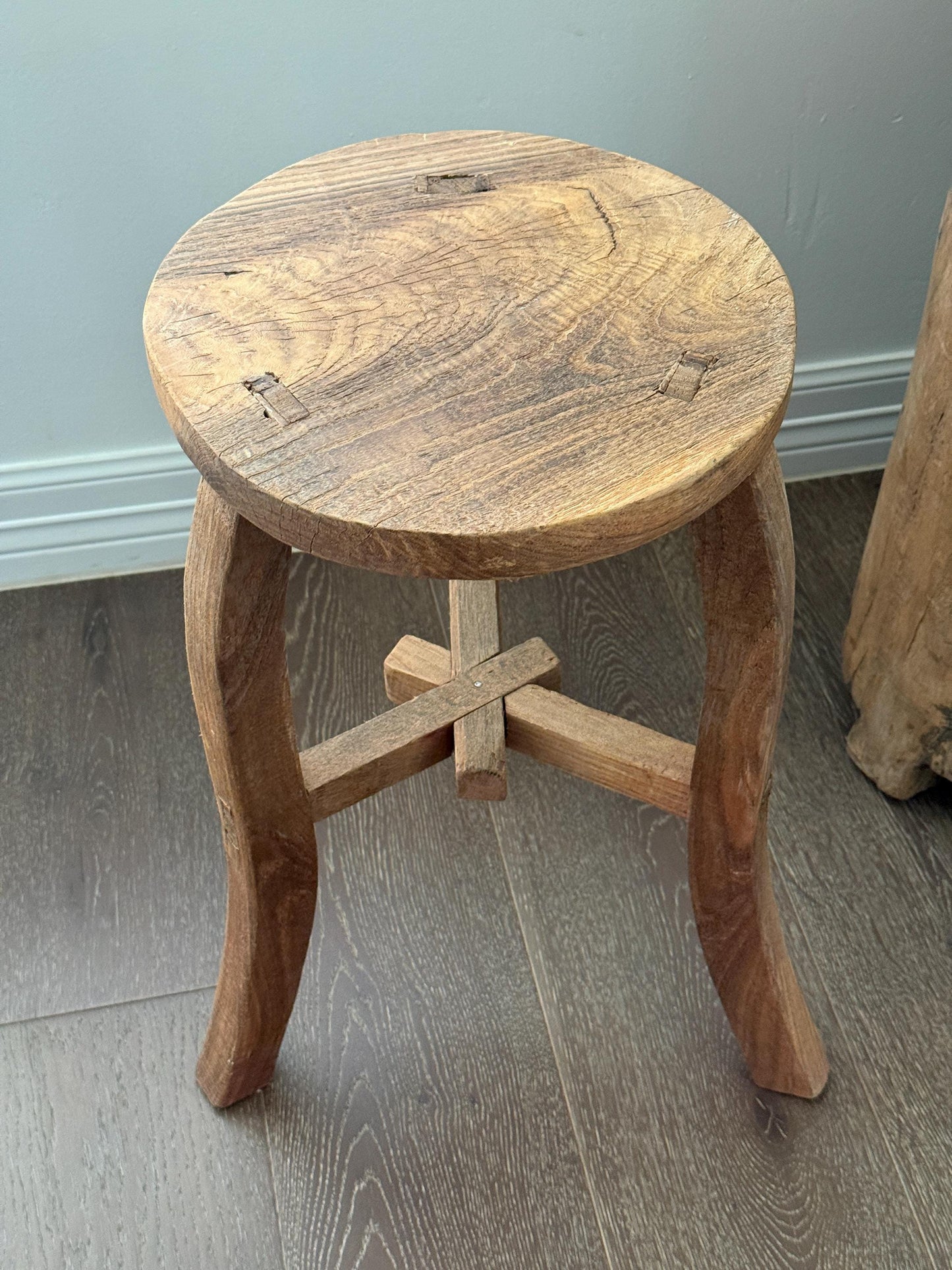 Vintage Elm Wood Stool Curved Legs | Rustic Side Table