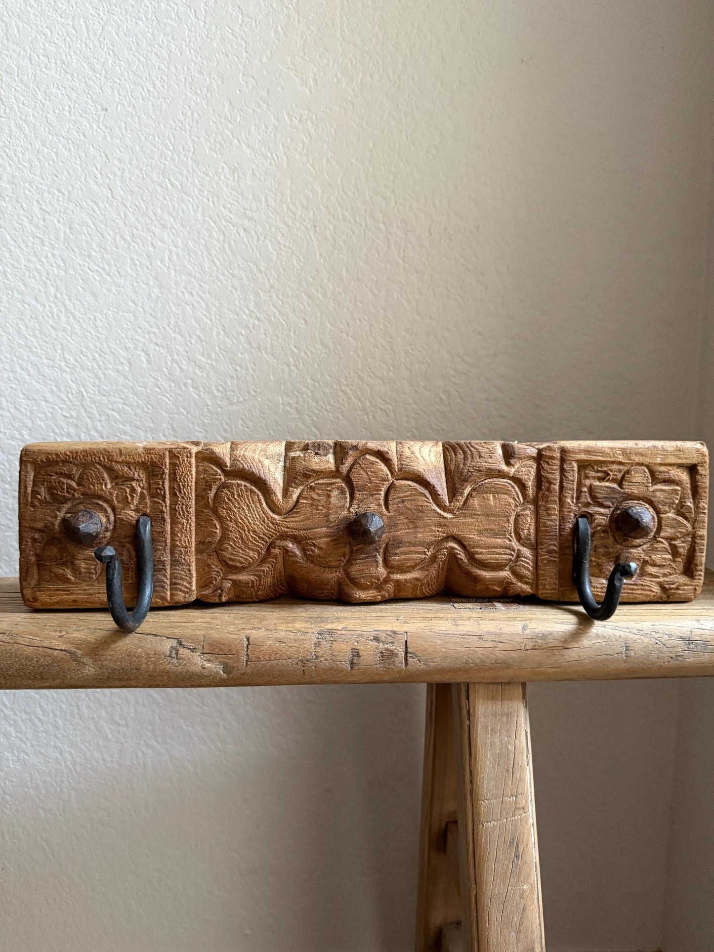 Vintage Carved Wood Wall Rack with 2 Iron Hooks
