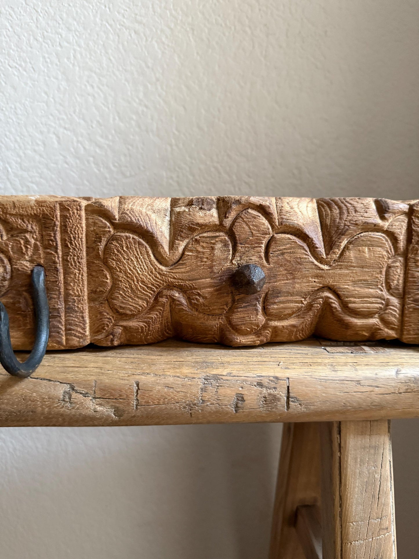 Vintage Carved Wood Wall Rack with 2 Iron Hooks
