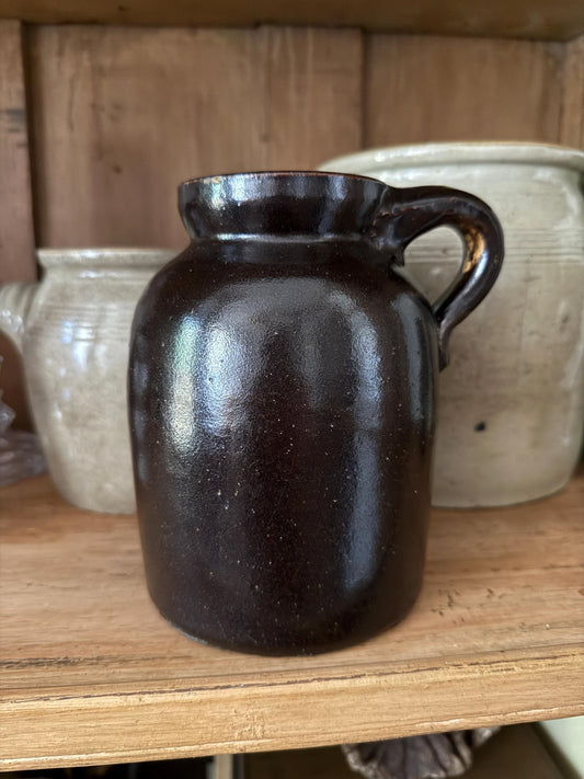 Antique Brown Glazed Handled Pottery Jar Primitive Vessel