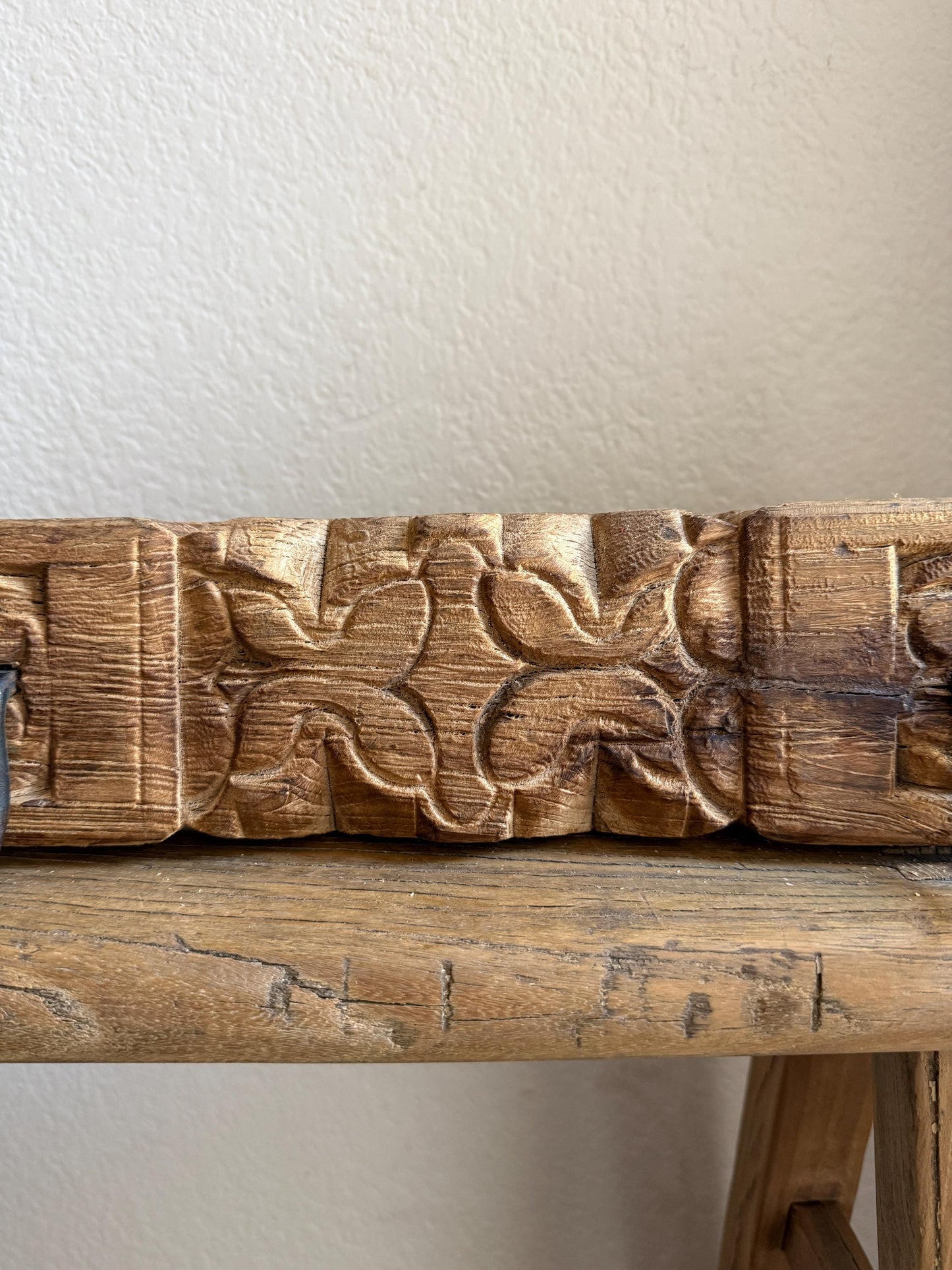 Vintage Carved Wood Wall Rack with 2 Iron Hooks