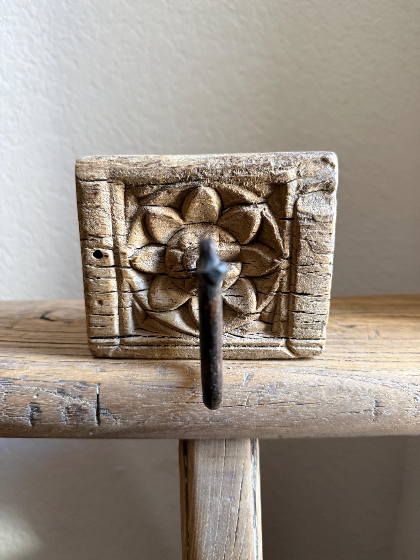 Vintage Wooden Carved Panel and Iron Wall Hook