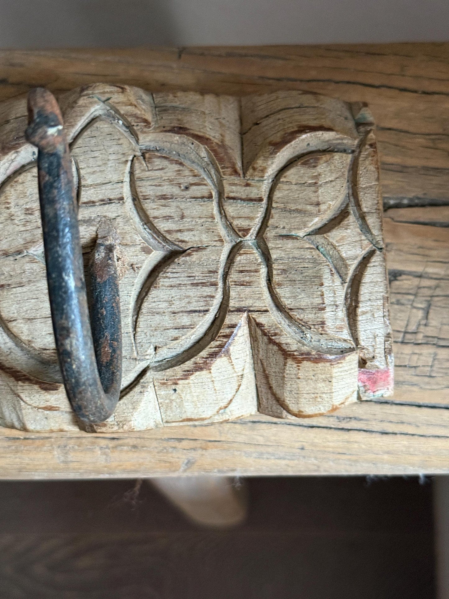 Vintage Wooden Carved Panel and Iron Wall Hook