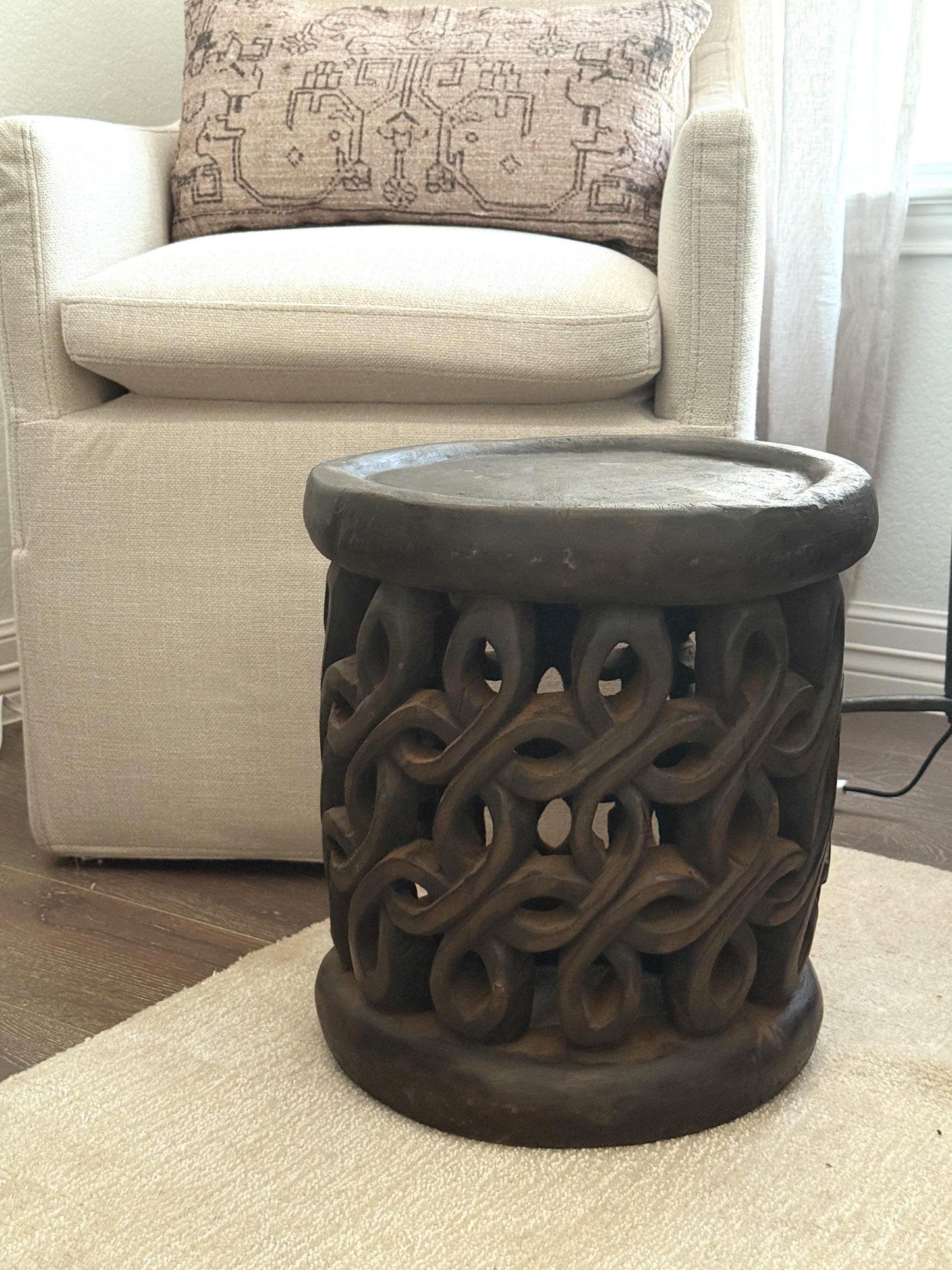Vintage African Bamileke Side Table Rare Floral Design