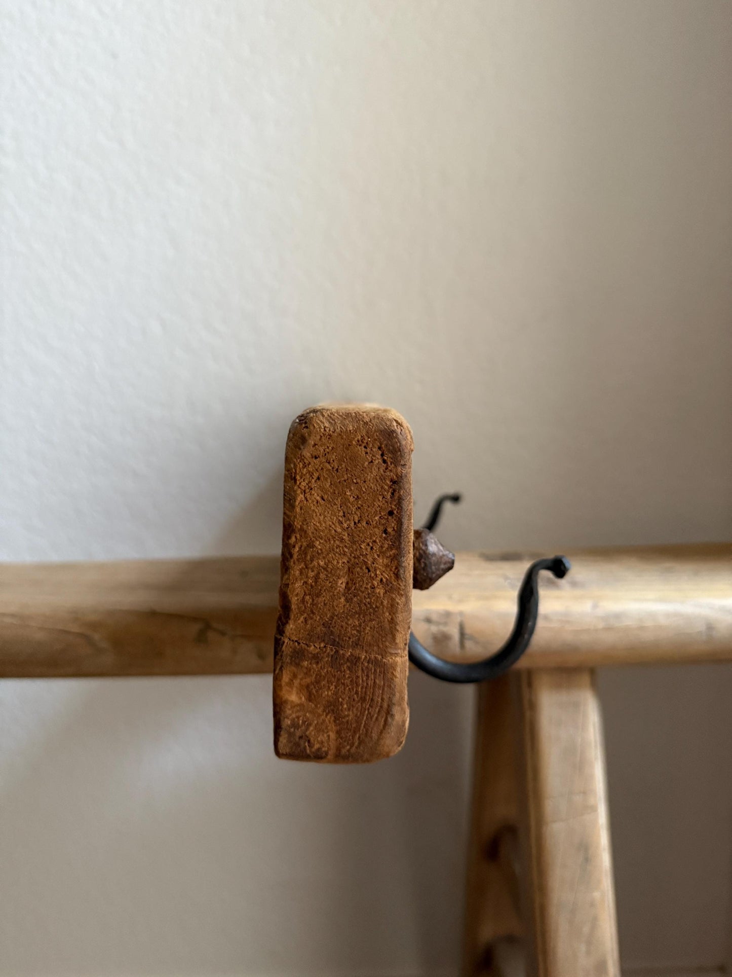 Vintage Carved Wood Wall Rack with 2 Iron Hooks