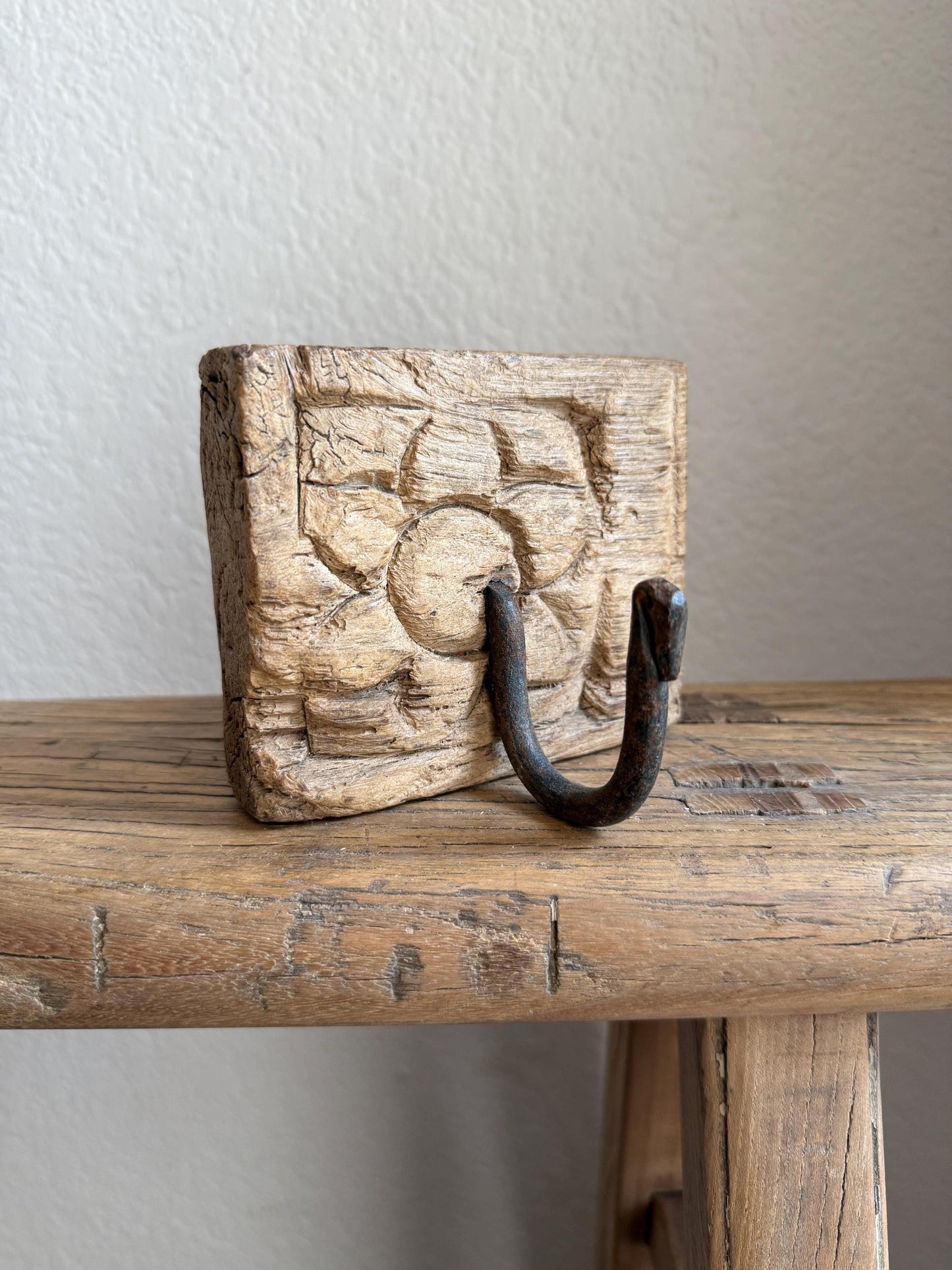 Vintage Wooden Carved Panel and Iron Wall Hook