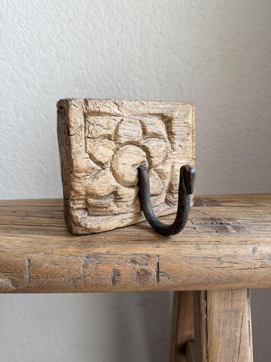 Vintage Wooden Carved Panel and Iron Wall Hook