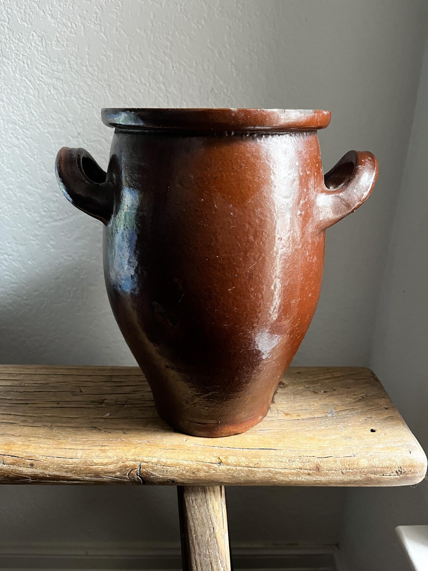 Antique European Glazed Brown Handled Vessel Belgium 1800s