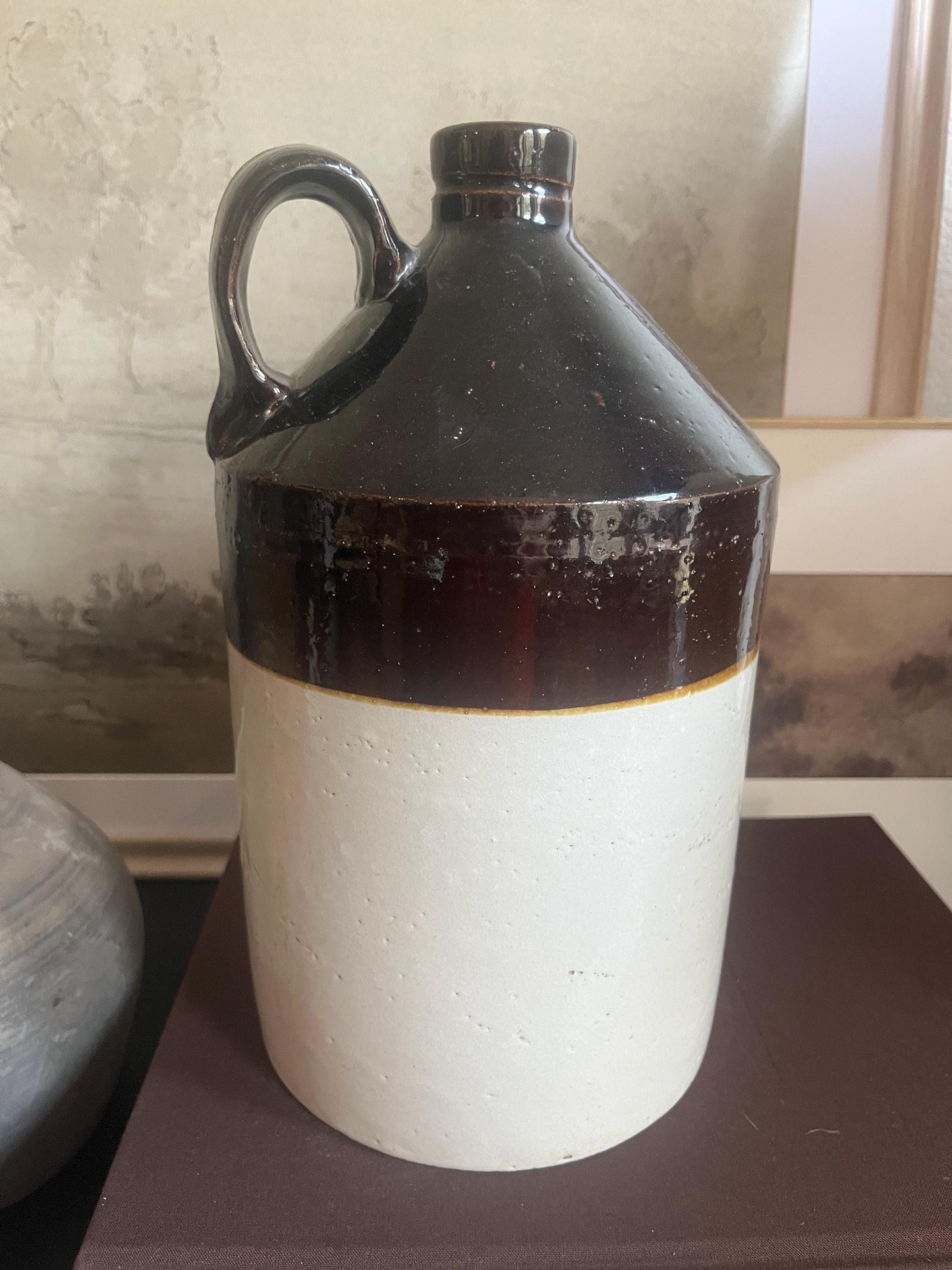 Antique Stoneware Salt Glazed Beige and Brown Whiskey Jug