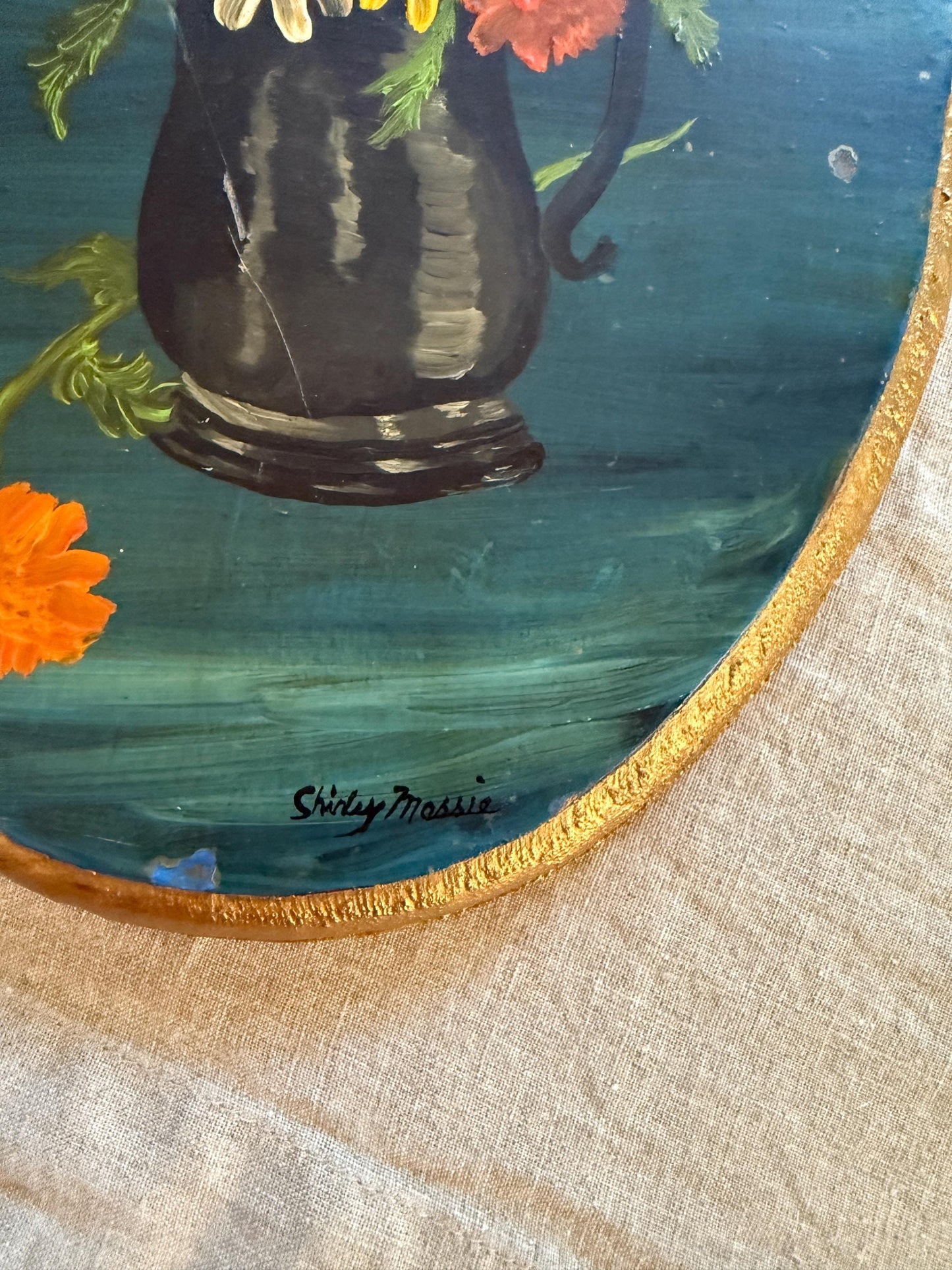 Vintage Original Oil Painting on Oval Board Fall Florals